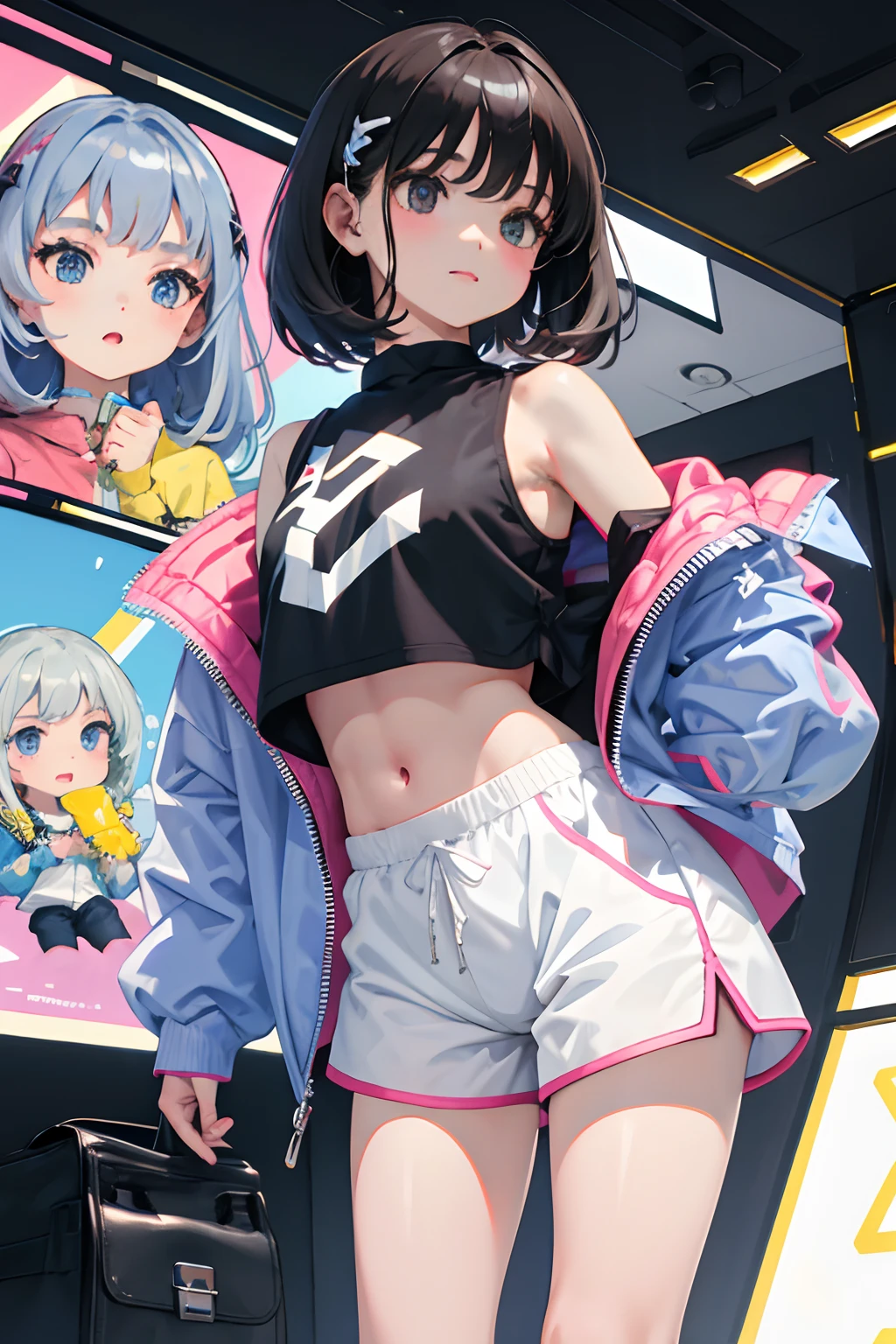 (child),(masterpiece,Highest Quality),Crop Top Look,Pastel Hoodie,(Gingham Check Shorts),A dark-haired,World of toys
