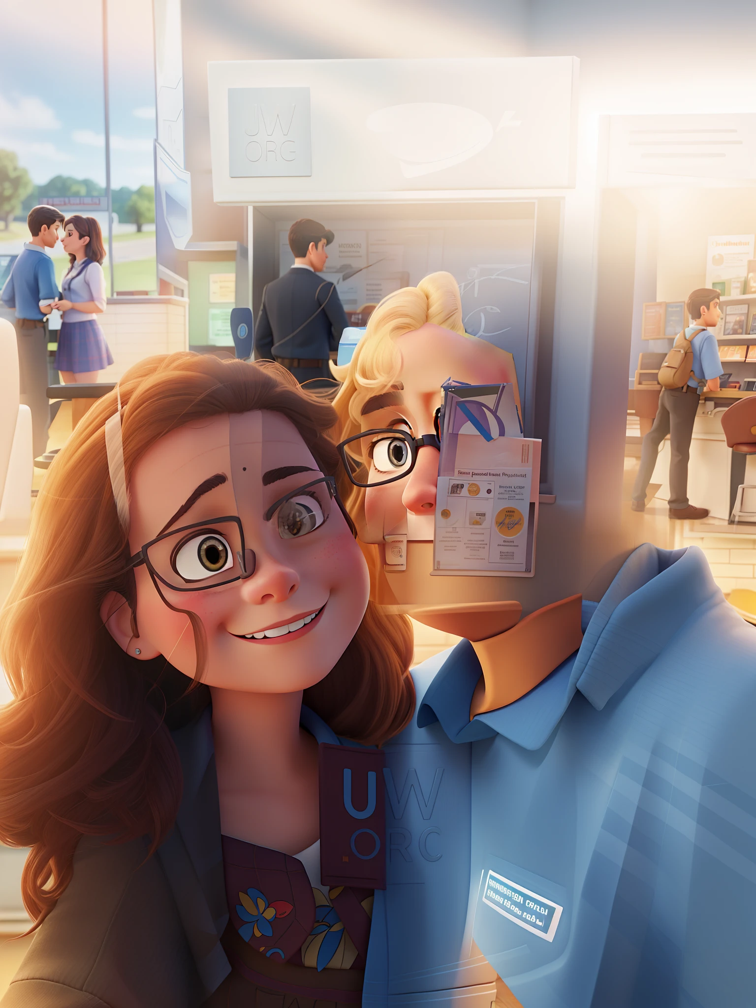 Couple behind a magazine counter, are Jehovah's witnesses, the logo of the counter is JW.ORG