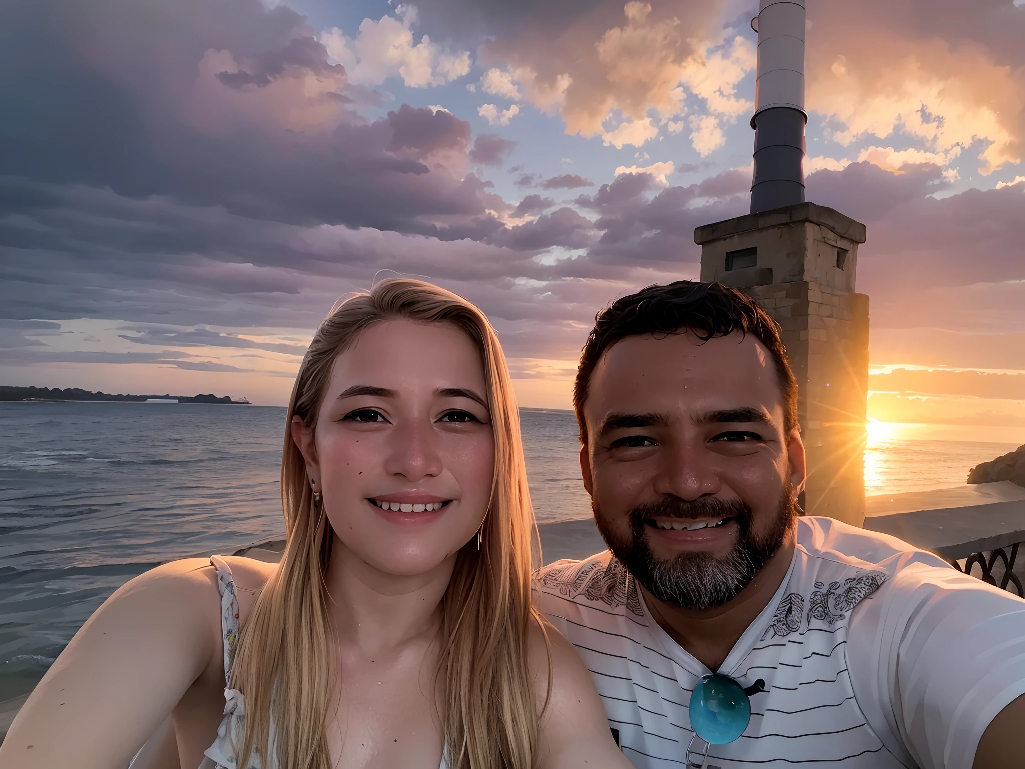 They are posing for a photo at the water's edge with a lighthouse in the background, Directed by: Nandor Soldier, imagem de perfil, Fotografia selfie 8k, vacation photo, during sunset, on the beach at sunset, Casal feliz, in the sunset, Postagem 4k, 4 k post, Retrato de duas pessoas, O oceano ao fundo, with sunset