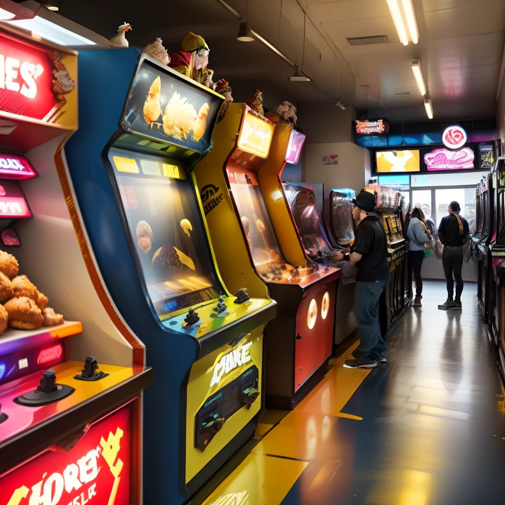 The story begins inside a massive, standalone arcade, resembling the size of a Walmart store, with a classic yellow and white aesthetic. The employees, mostly low-wage workers, are busy behind the counters, serving customers at the weird chicken-themed arcade games.