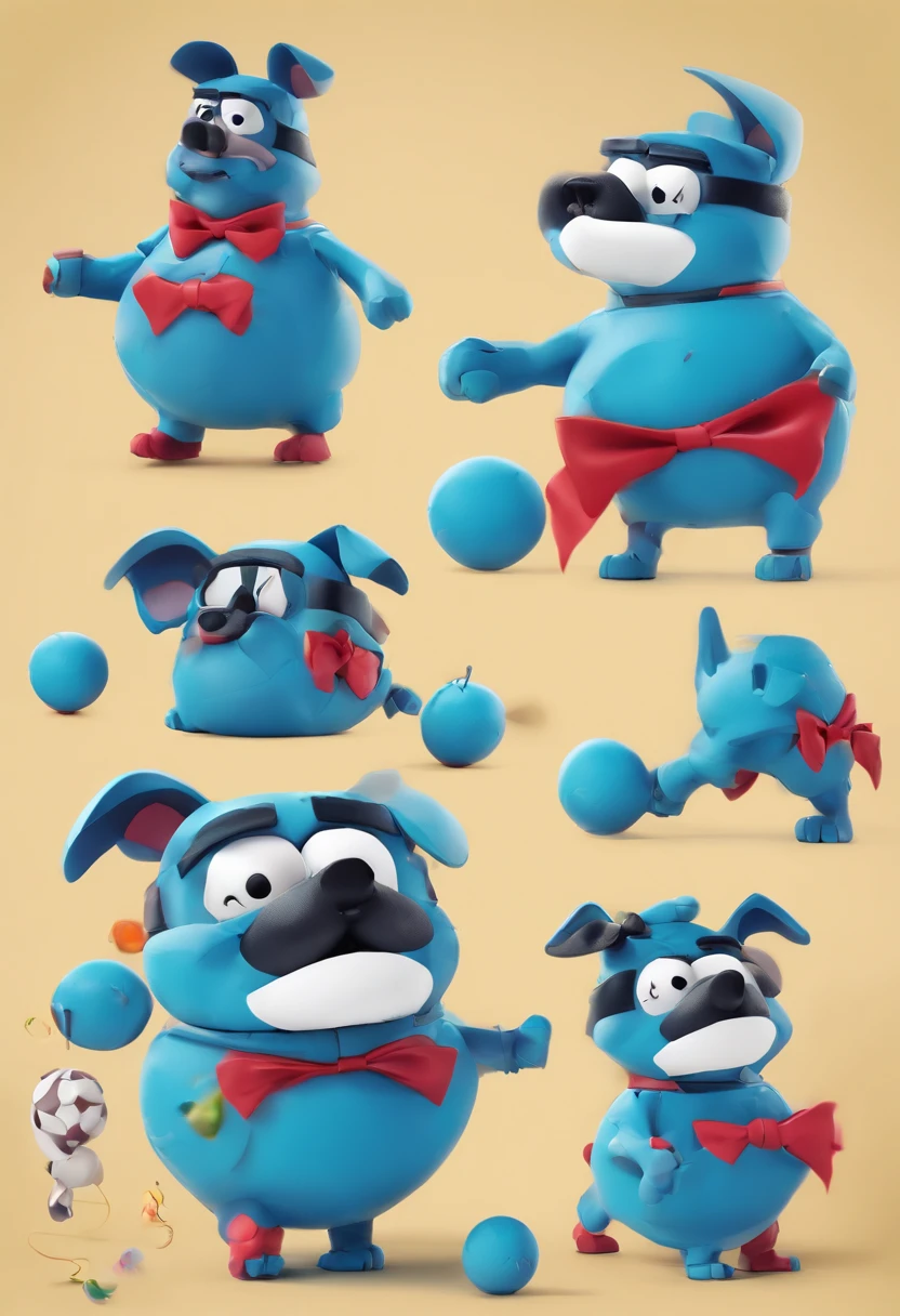 There's a blue ball with a bow tie, Personagem Claymation, Azulzinho, animation character, Personagem de stop motion, estilo claymation, blue dog, Gumball Watterson, como um personagem claymation, clay animation, estatueta de brinquedo de vinil, Figura de argila 3D, figura de vinil stop motion, fofo! c4d, em argila