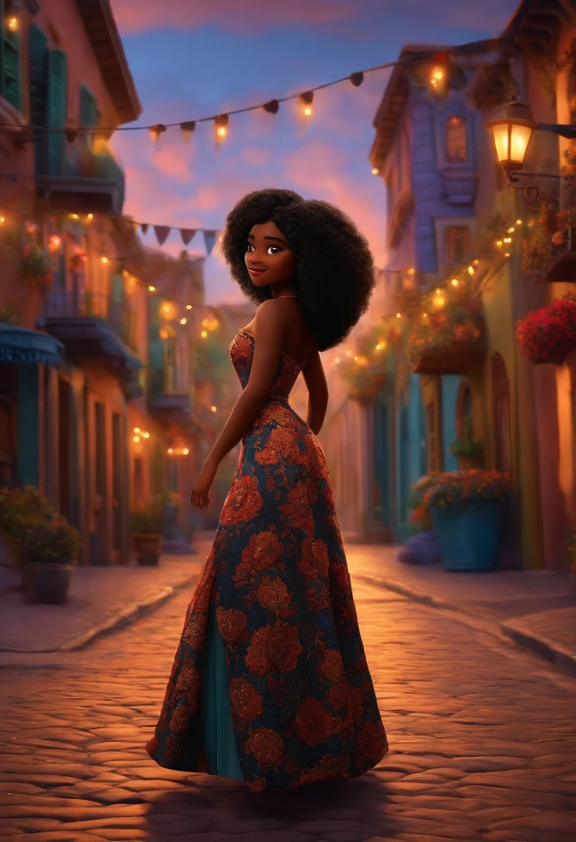Um filme inspirado na Disney Pixar (MULHER NEGRA JOVEM COM CABELO LONGO CACHEADO PRETO) dentro A cena estar na arte distinta do estilo PIXAR, descolada e estilosa DANCING