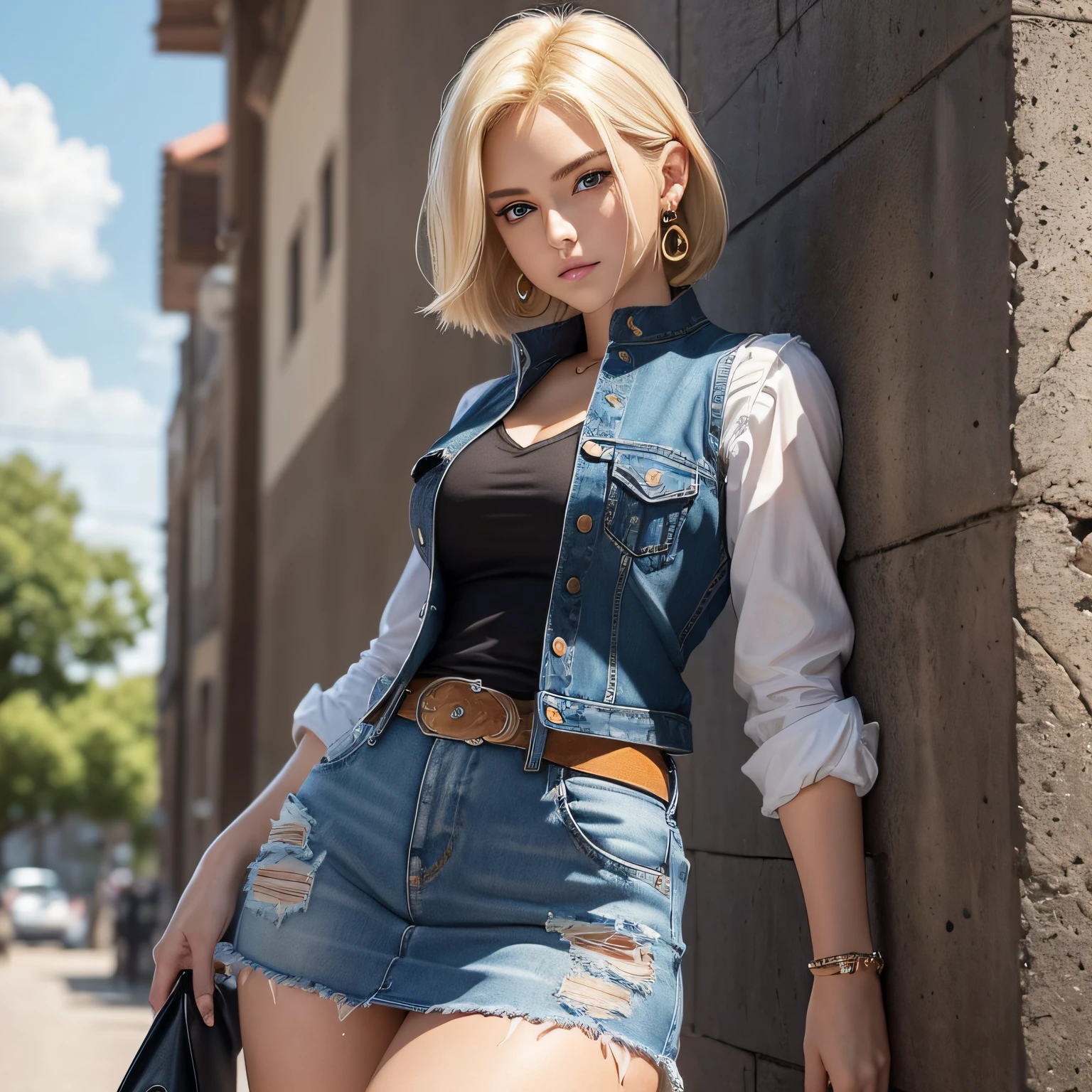 (cowboyshot: 1.2), (android_18, and18(dragonball z), (finely detailed beautiful eyes and detailed face), (Face through thighs: 1.4), (Knee shot: 1.2), Blonde hair, Solo, Lady, (Beautiful background), :), Dynamic Angle, Blue eyes, Bright face, Sunlight, (Bright face: 1.2), Extremely wide hips, Very thick thighs, Full body shot, Solo, Blonde hair, Blue eyes, Short hair, earrings, Jewelry, Denim Vest, open vest, (Black shirt), Denim skirt, (long striped sleeves), Blue skirt, Brown Cowboy Boots, (((1girl)))