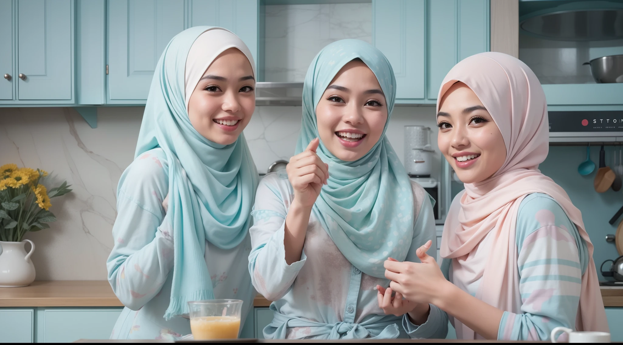 4 beautiful malay girl in pastel color hijab taking picture in modern kitchen, wear pastel blue camoflage military uniform, friendly and laughing situation, laughing, happy, modern pastel color kitchen, detailed skin texture, soft lighting, pastel color theme, high quality, movie shot framing, ultra detail, 8k,