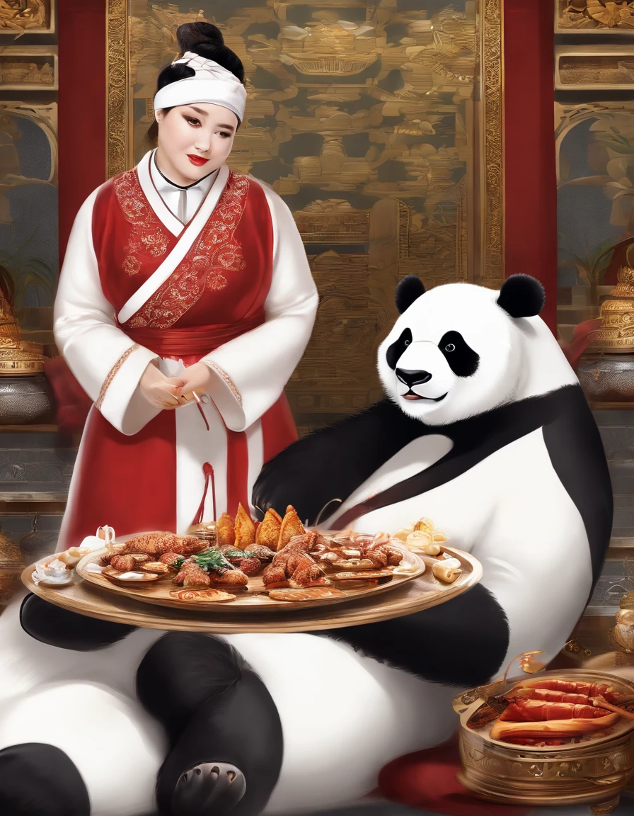 iintricate,detail-rich,dramatics,The panda bear wears a white practice suit,The word barbecue is embroidered on the clothes on the chest,preparing to fight,Hold the skewer in your right hand,only a pair of red eyes peek,Graphic madness,Light is reflected on the ornaments,Slowly walk out of the blazing peaks,The sky is cloudy,The fire burned brightly behind,The spectacle is spectacular。