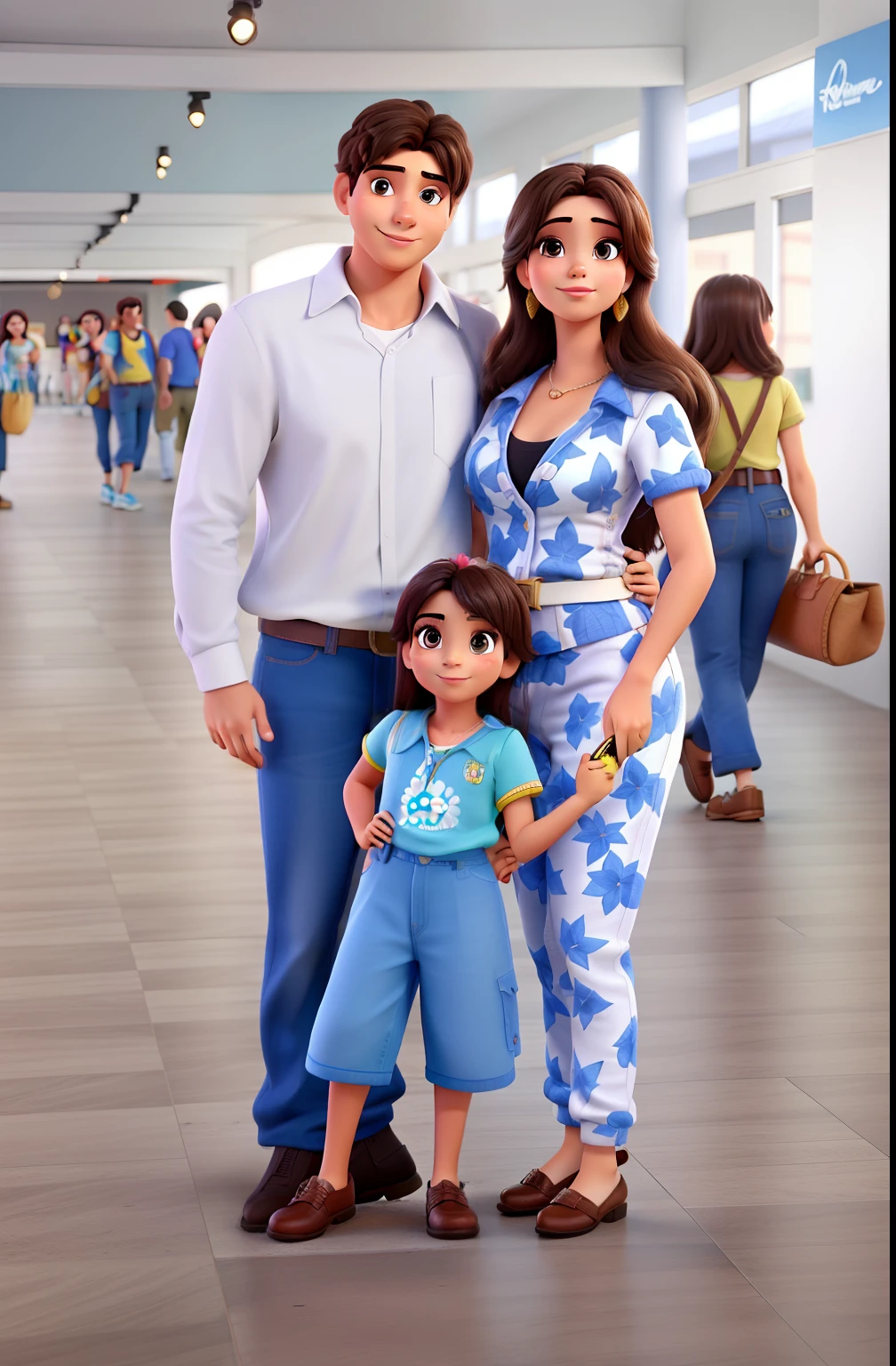Mulher brasileira , Brunette man and child, estilo Disney pixar ,alta qualidade,melhor qualidade