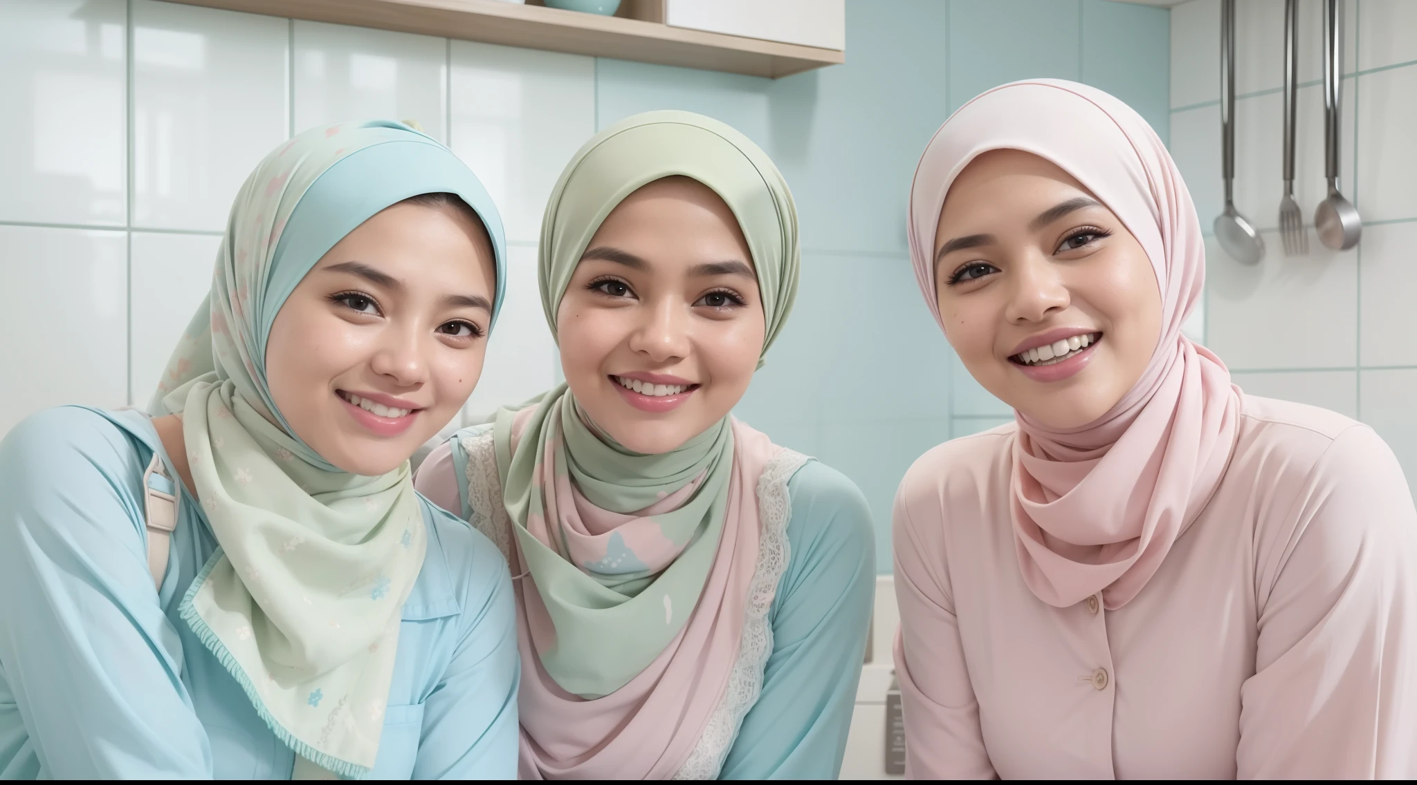 4 beautiful malay girl in pastel color hijab taking picture in modern kitchen, wear pastel blue camoflage military uniform, friendly and laughing situation, laughing, happy, modern pastel color kitchen, detailed skin texture, soft lighting, pastel color theme, high quality, movie shot framing, ultra detail, 8k,