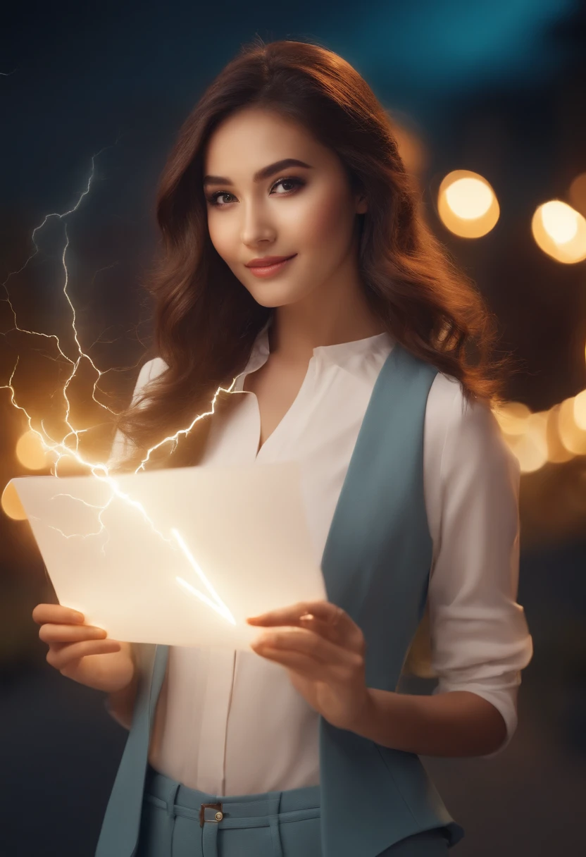 Big power symbol on the right side of the picture ,Energy Efficiency Girl cute with white envelope in hand , starring to camera , lightning Symbol background