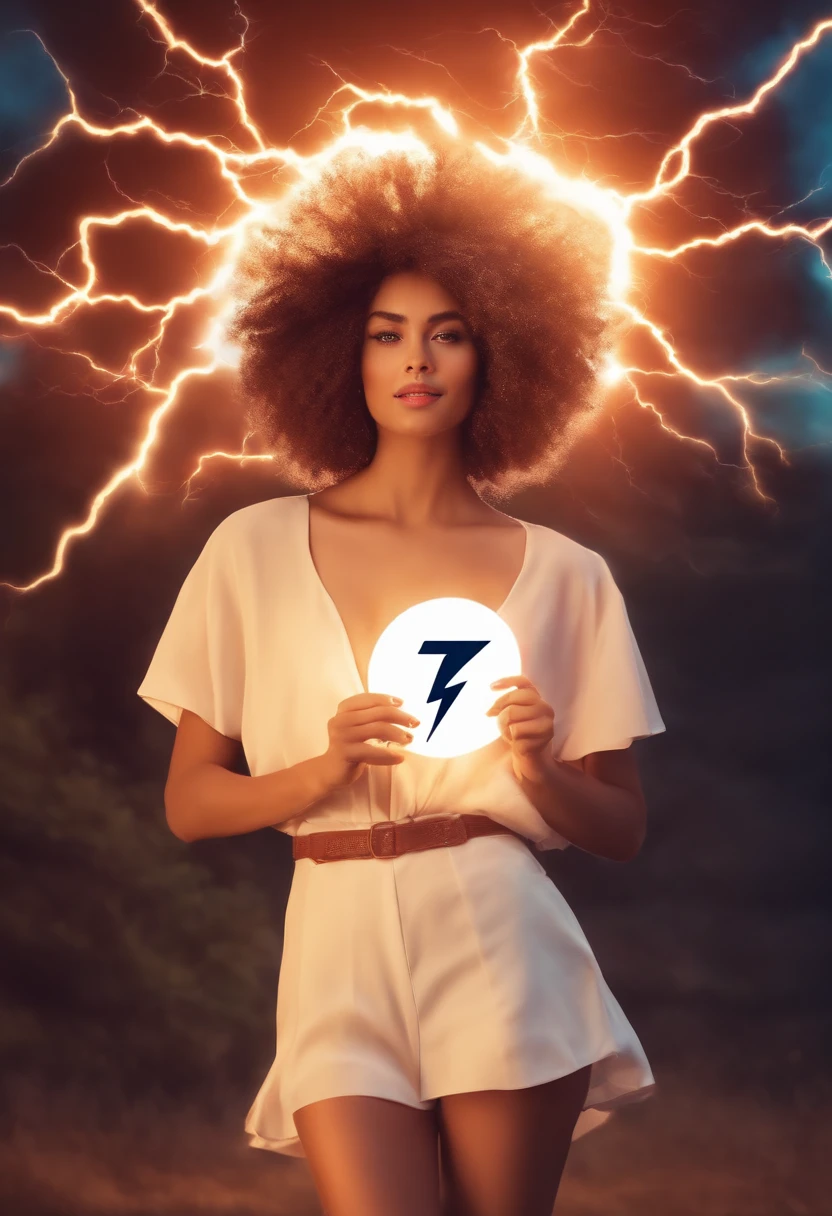 Big power symbol on the right side of the picture ,Energy Efficiency Girl cute with white envelope in hand , starring to camera , lightning Symbol background