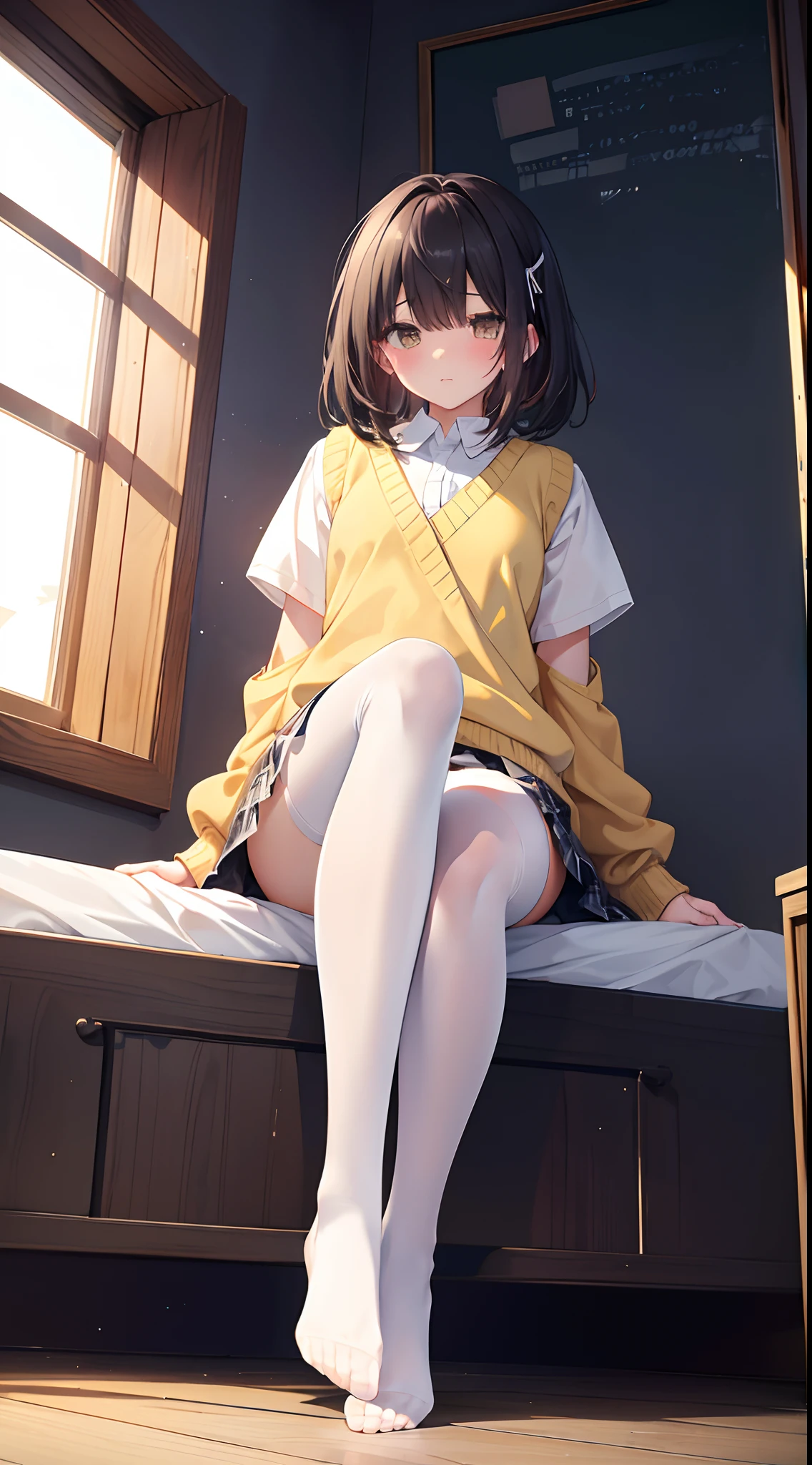 Riko Yusaki、Rico Yuzaki、Longhaire、Green skirt, Plaid, plaid skirts, Southwest College Uniform, School uniform, Skirt, Sweater Vest, (Yellow sweater:1.3), Short sleeves,masterpiece、top-quality、best、超A high resolution、Full body portrait、intricate-detail、An ultra-fine illustrations、perfect anatomia、Correct anatomy、perfectly proportions、face perfect、Hands are2Boken、perfect hand、The feet are in2Boken、perfect foot、Perfect fingers、Small toes、Precise size and balance of upper and lower body、18year old、Schoolgirl with mature body type、A high school girl with long、1人、Whole body from head to leg、full body Esbian、small tits、Small toes、Small toes、Skinny Legs、laying on back、M-shaped legs、Opening legs、Opening legs、Inter-strands、Facing the front、Composition from below、Composition from the front、Panchira、Inner thigh-sitting、Sit on the floor with bent knees and legs open、Front-facing、Lower body facing forward、Slender feet、Slender thighs、Slim toes、Lying on a white bed facing the front、Slender feet、legs slightly open、Sleeping in a big letter、Legs are spread、Hands are slightly raised、brown haired、Medium Hair、Medium haircut、Panting face about to cry、red blush、Embarrassed look、A slightly sad look、Black_Wearing white panties inside stockings、Wearing white panties inside black transparent stockings、Wearing white panties inside black stockings、Wearing white panties inside black pantyhose、Wearing white panties inside black lace pantyhose、Wearing white panties inside stockings with black lenses、Wearing black light pantyhose and white panties、Wearing black transparent pantyhose and white panties、No shoes、No shoes on、pure white under black stockings,,,,_panties on、Panties are visible through a navy blue pleated skirt、Pure white bra、Underwear、Bedrooms、in a house、during daytime、(small tits)、((full body Esbian))、masterpiece、(top-quality)