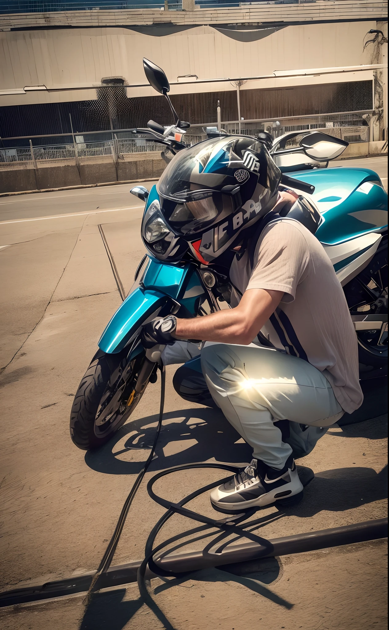Homem de capacete e capacete trabalhando em uma motocicleta, motociclista, motociclista, usando capacete, motocicleta, Mechanicalgirl, photo shoot, Photo Session, andar de moto, touring, semi realismo, Akira Moto, na pista de corrida, sem capacete, cool looking, imagem de um motociclista masculino, Pose frontal, motocicleta, on the concrete ground, pilotando uma motocicleta