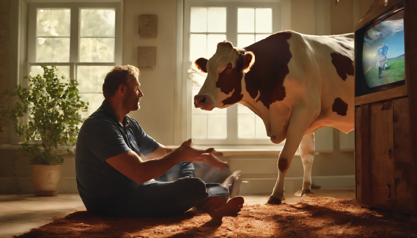 a man who has a television box instead of a head, a man milks a cow with his hands, the cow is connected to the Internet, 8k
