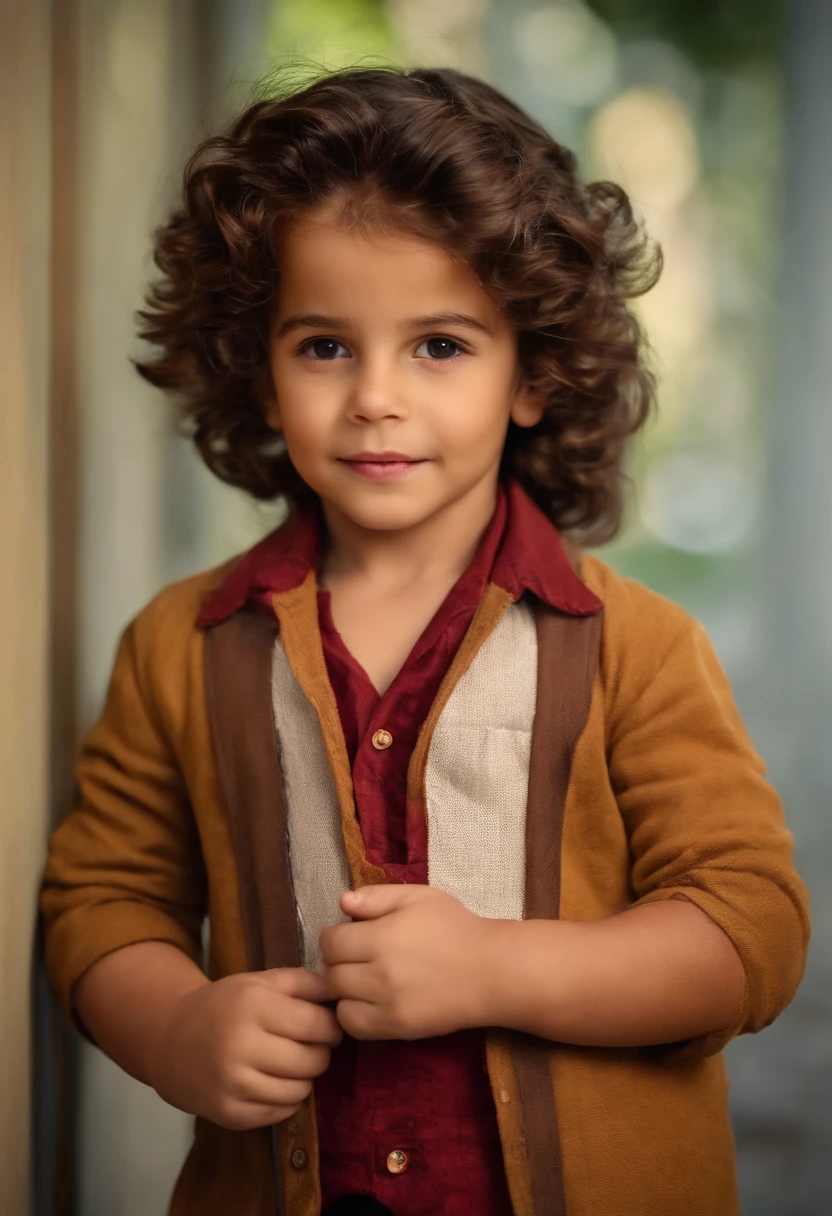 menino: Miguel, aproximadamente 5 anos de idade, cabelo curto estilo Disney, olhos castanhos e sorrisos. garota: Giovana, 2 anos, longos cabelos pretos e olhos azuis. scenecy: Miguel and Giovana are in a cozy little house in the valley, ao fundo um dia ensolarado, Destacando o Sol.