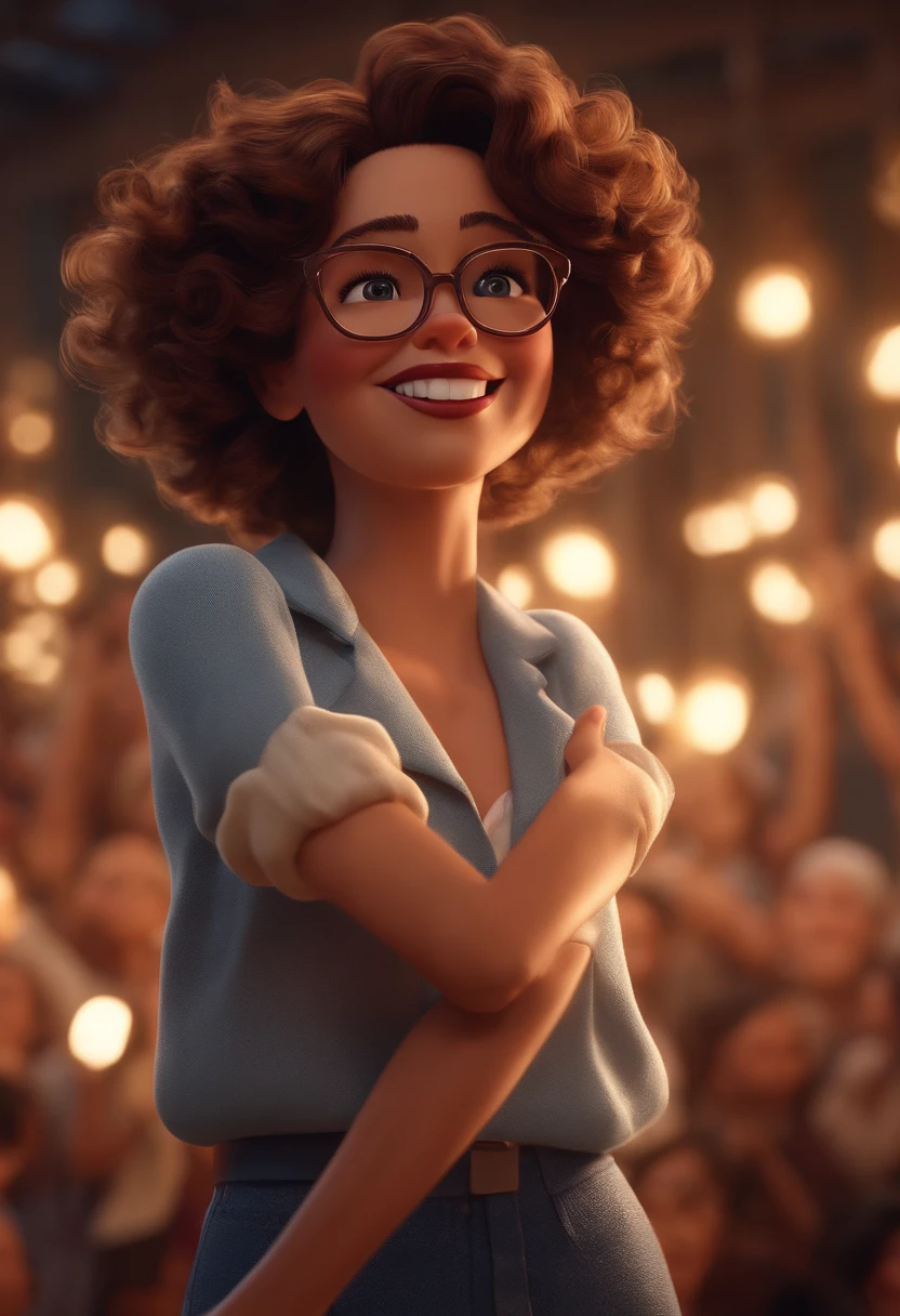 Pixar style image with 3D character white glasses brunette woman short curly hair dancing, Maquiagem Disney,Pescador, bonitinho, sorridente ,Close-up, Pixar, Disney, Cinema lighting,