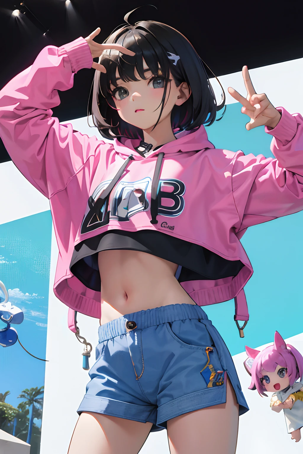 (),(masterpiece,Highest Quality),Crop Top Look,Pastel Hoodie,(Gingham Check Shorts),A dark-haired,World of toys