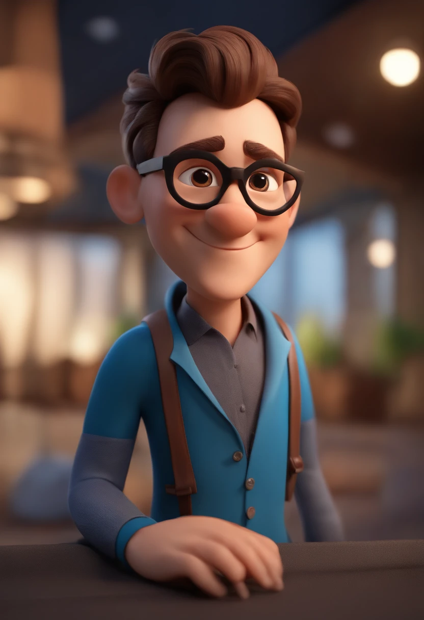 Cartoon character of a man wearing black glasses and a blue shirt, um personagem animado, Caractere estilizado, animation style rendering, 3D estilizado, Arnold Maya render, 3 d render stylized, toon render keyshot, Personagem 3D, Personagem 3D, 3d rendering stylized, 3 d character render, personagem de desenho animado, Personagem de close up, Pose de personagem, (Estilo Pixar) (master part:1.2) (Bokeh) (best quality) (pele detalhada) (textura detalhada) (8k) (argila) (Cinematic lighting) (foco nítido,Senta e vaza a parte superior do corpo