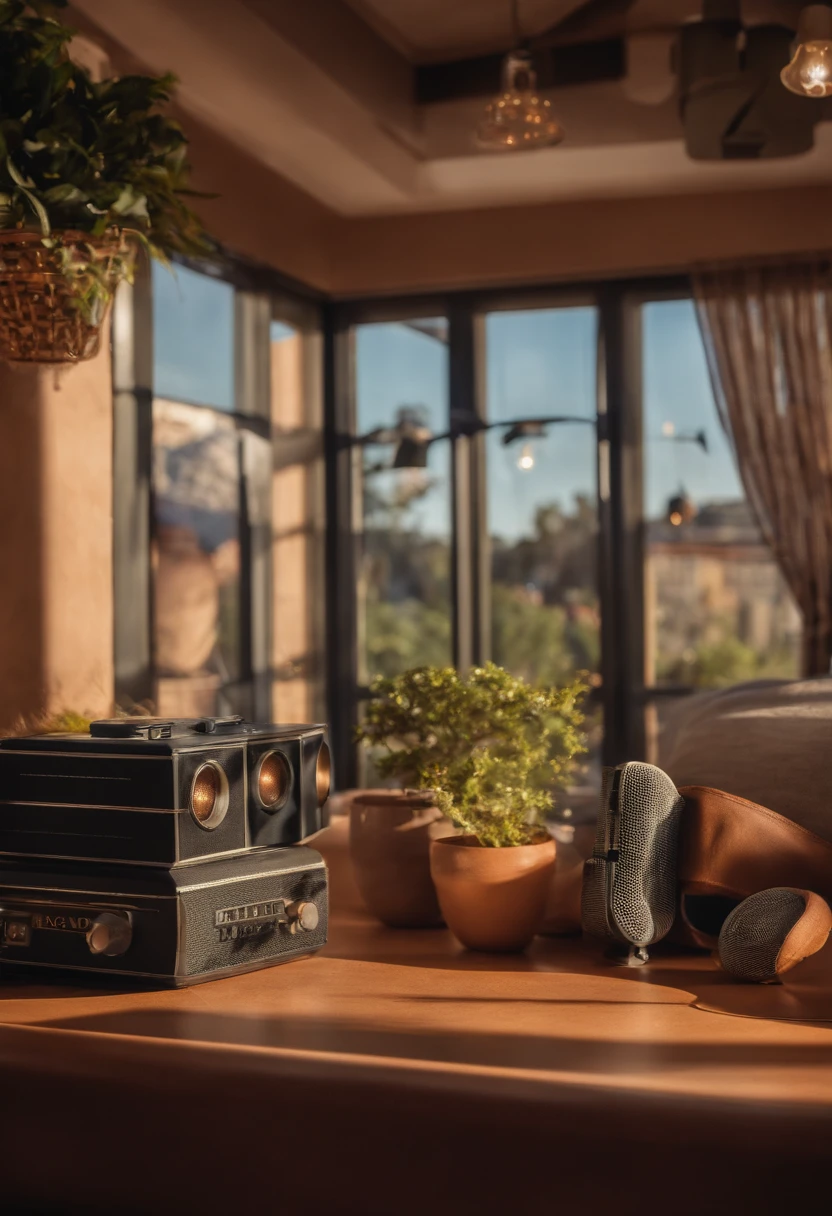 um homem, em breve, barba curta, olhos castanhos, com fones de ouvido, A music studio in the background, Imagem no estilo Pixar, Estilo de filme animado 3D, Disney, camiseta preta
