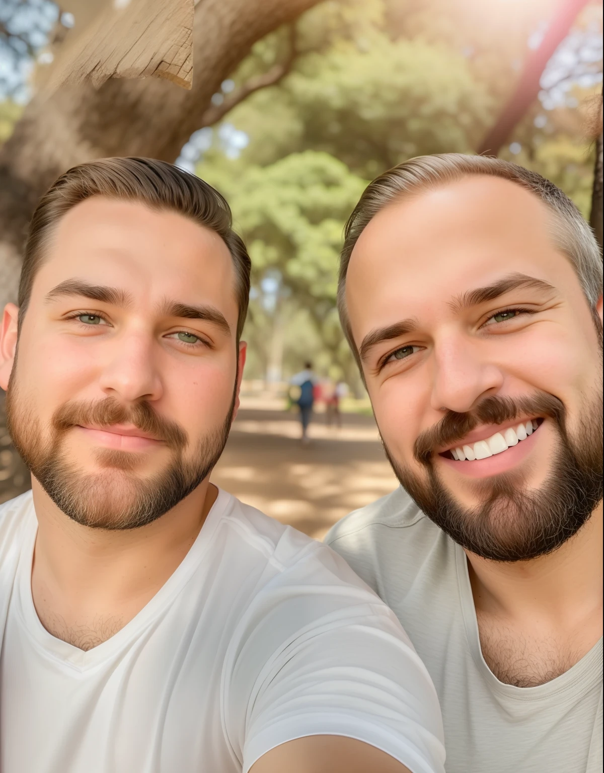 There's two men with pixar-style beards, tirando uma selfie no parque, o da esquerda tem olhos azuis cabelo curto moreno claro, o da direita tem olhos verdes, cabelos curtos ralos moreno claro