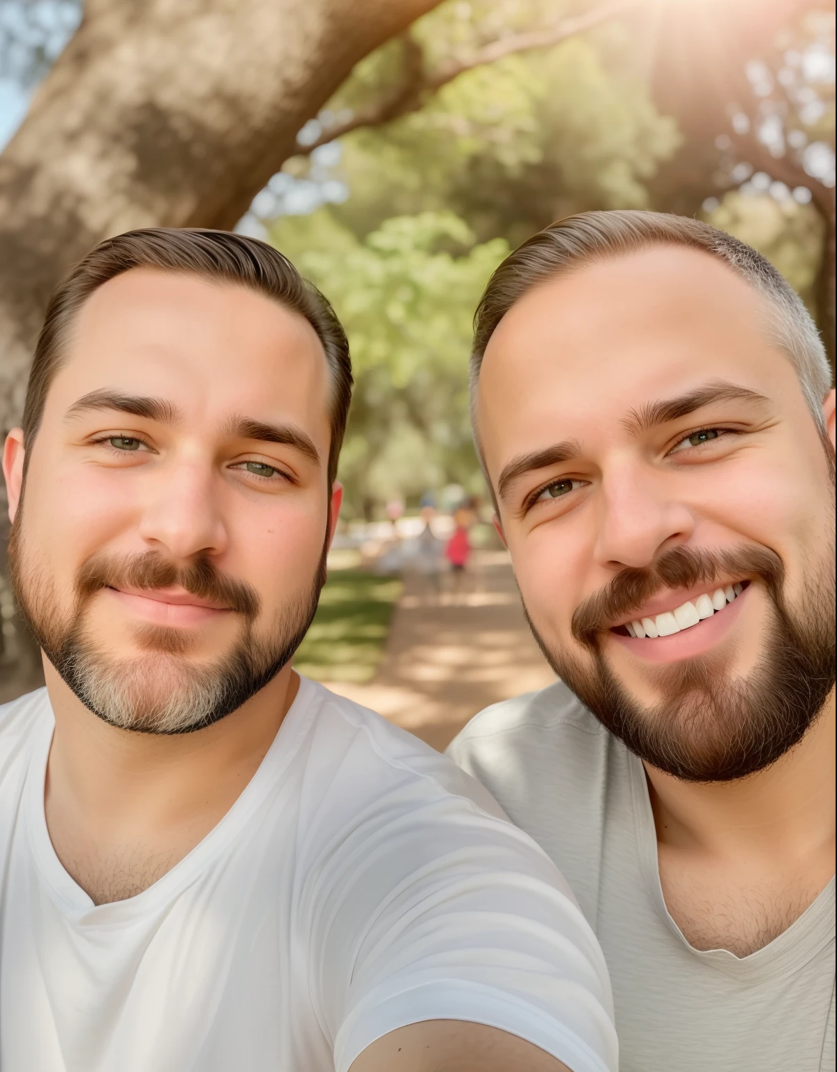 There's two men with pixar-style beards, tirando uma selfie no parque, o da esquerda tem olhos azuis cabelo curto moreno claro, o da direita tem olhos verdes, cabelos curtos ralos moreno claro