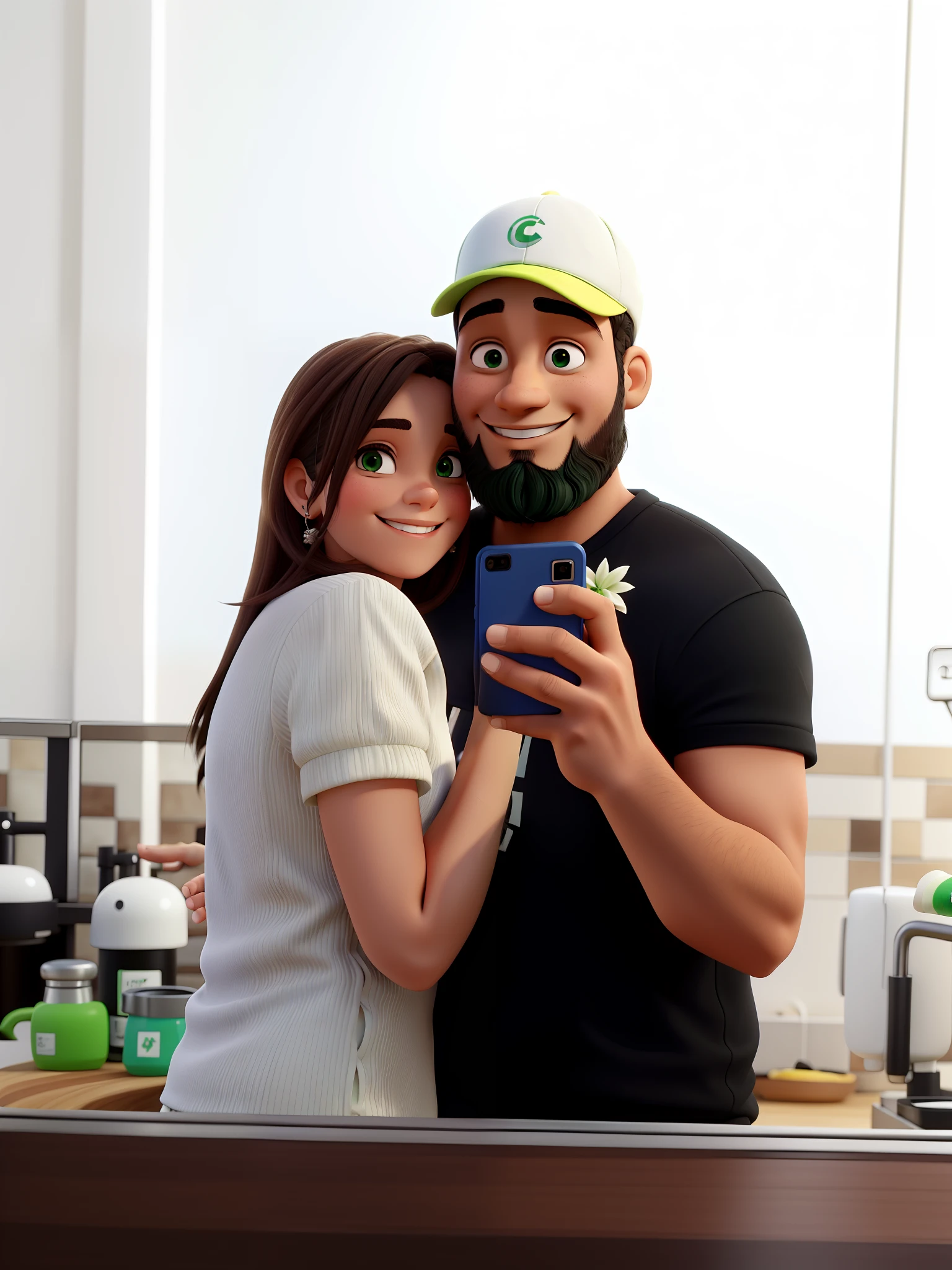 Hugging couple smiling at a selfi, Ela de pele branca, com cabelos curtos com olhos castanhoe ele moreno claro, com olhos verdes, A beard and a black cap