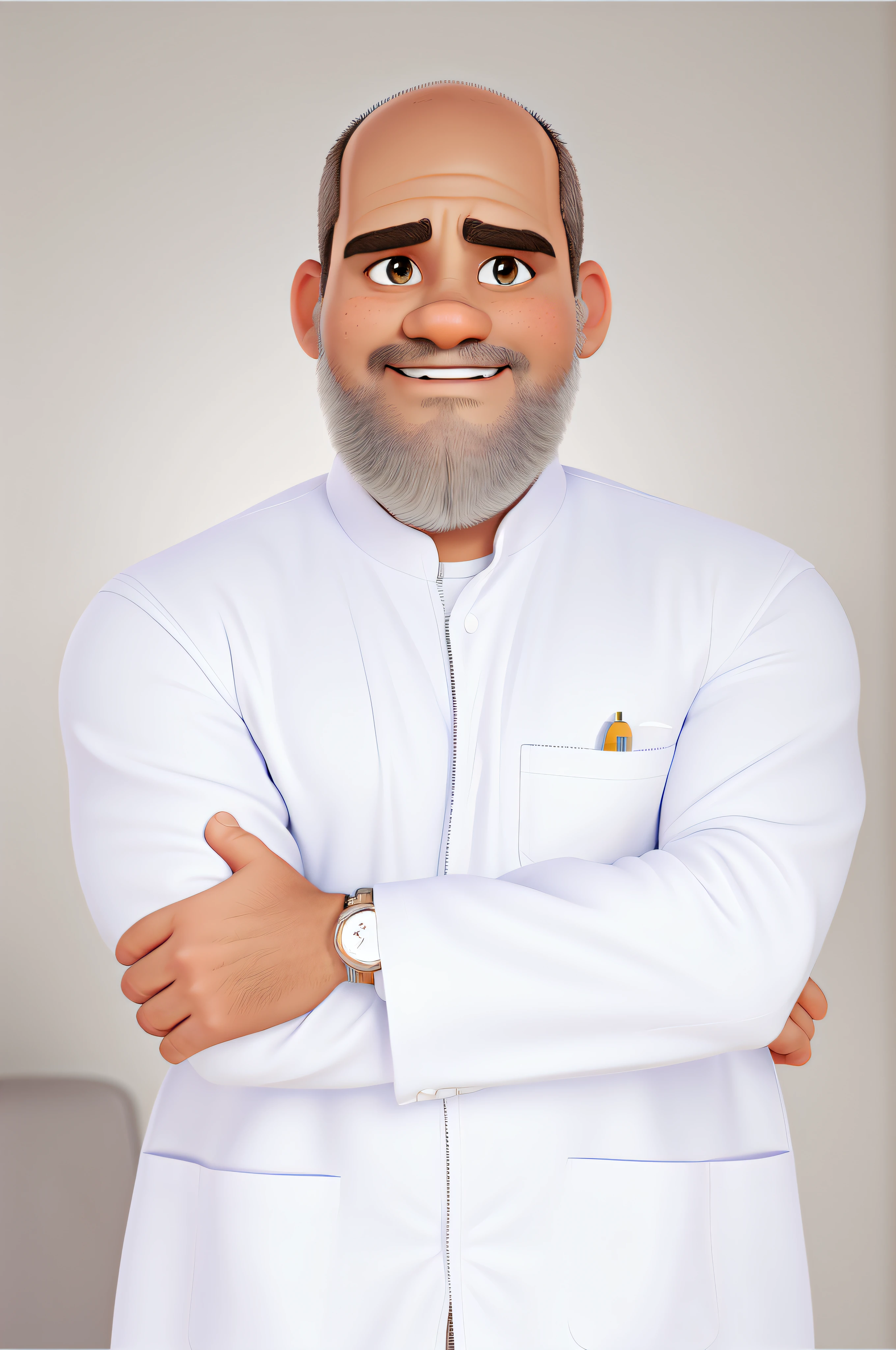 Estilo Disney Pixar, melhor qualidade, homem careca, no hair, sobrancelha preta destacada, barba grisalha, cinza. He wears the typical doctor's white coat and possesses a confident and determined look. The image is of excellent quality, with vivid colors and minute details that enhance the character's expression and personality