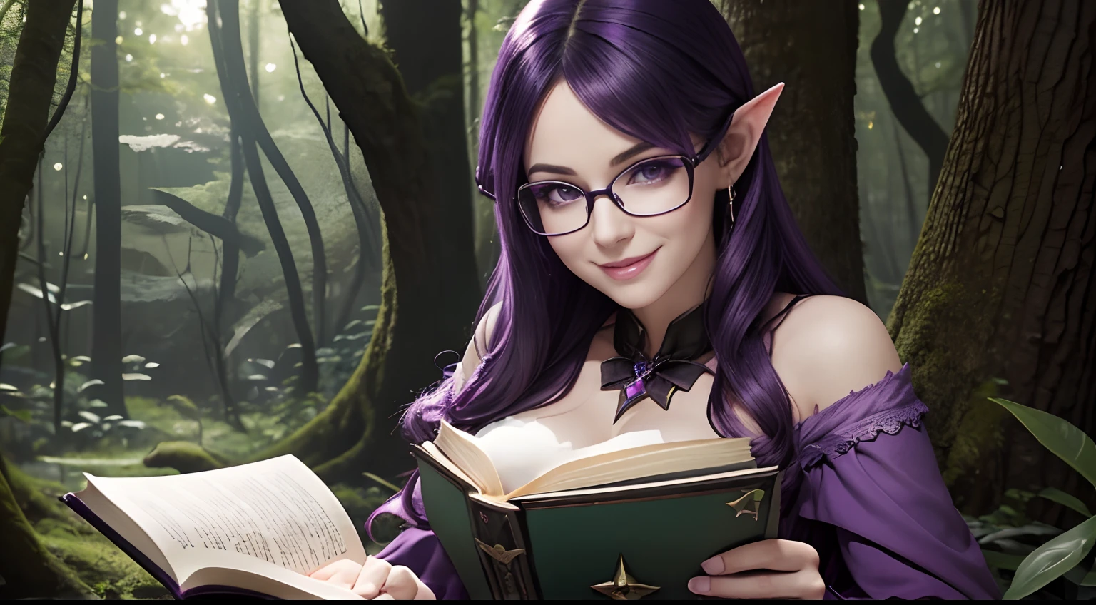 A cute sexy geeky mature female fairy with pointy ears, black-rimmed glasses, purple hair, large smoky eyes and a wicked smile on her face is sitting holding two books aide-by-side facing the camera. She is in a magical forest glade.