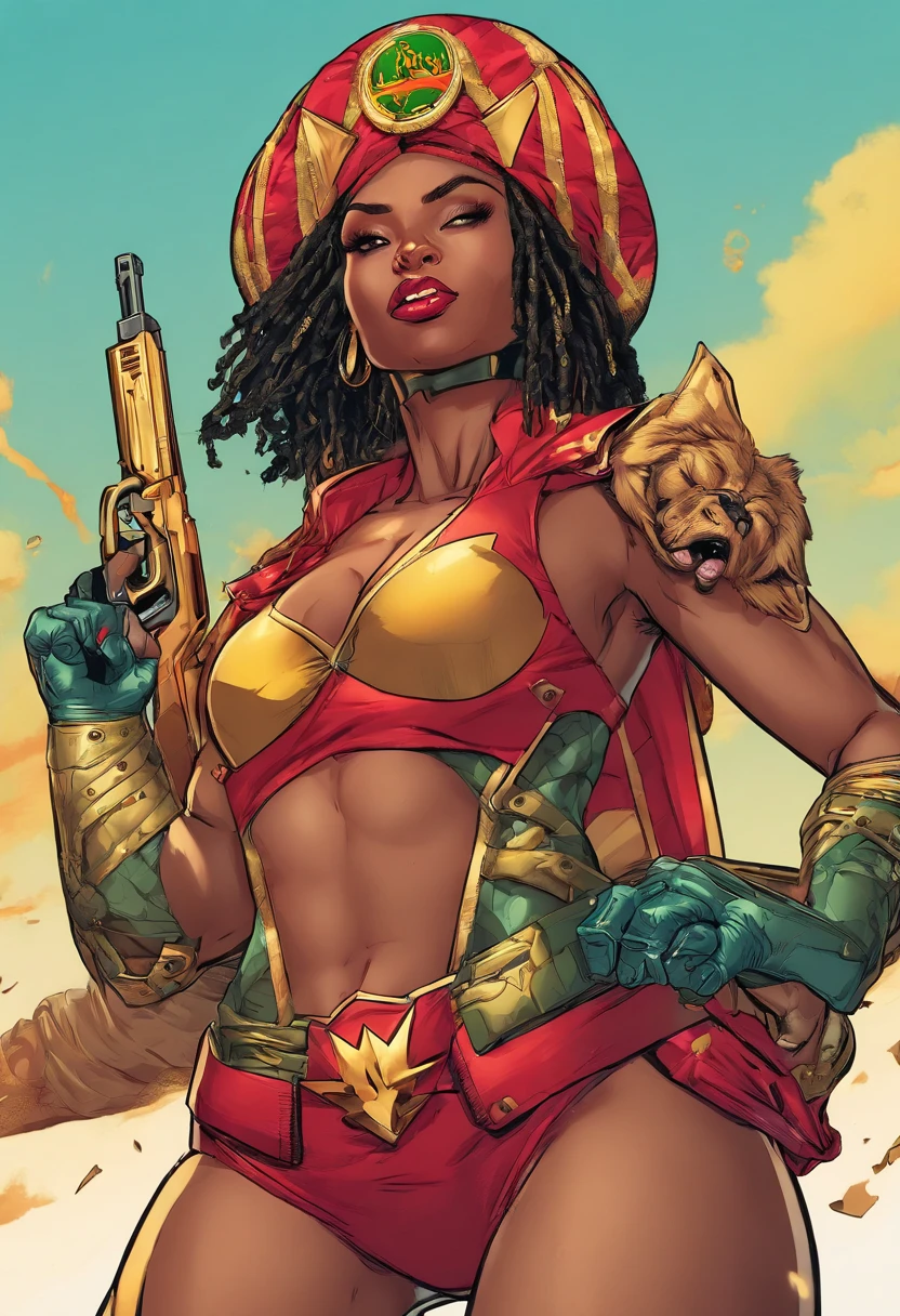 (mulher-maravilha,supeoutfit),belos olhos detalhados,beautiful detailed lips,long eyeslashes,confiante,forte,atletic,corpo,heroine,cabo,indomitable,superstrength,voador,Capacitar,feroz,Superheroíne,corajoso,Tiara dourada,Pose forte,saia azul,Top vermelho e dourado,cores vibrantes,Comic book style,desenho a tinta digital,sombra e luz,heroic,escudo,Super poderes,Postura forte,vigilante,fundo da paisagem urbana,action-packed,parafusos de energia,iconic,velocidade sobre-humana,Inspirador,Poderoso,best quality,ultra-detalhado,fotorrealista,vivid colors, usando cabelo rastafari