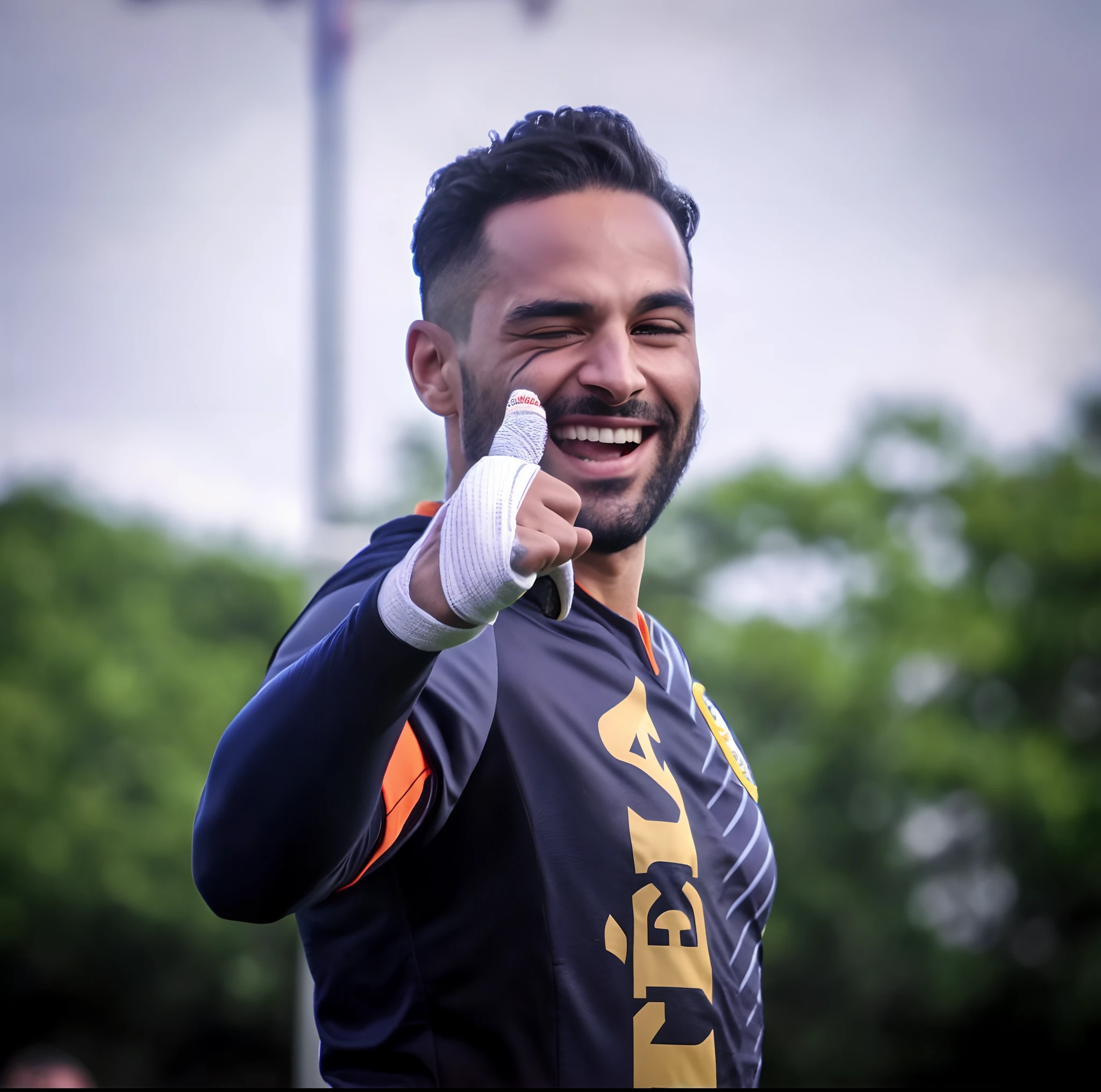 Jogador de futebol, camisa preta e prata escudo de um Lobo, 10 e faixa  de um time dos Lobos