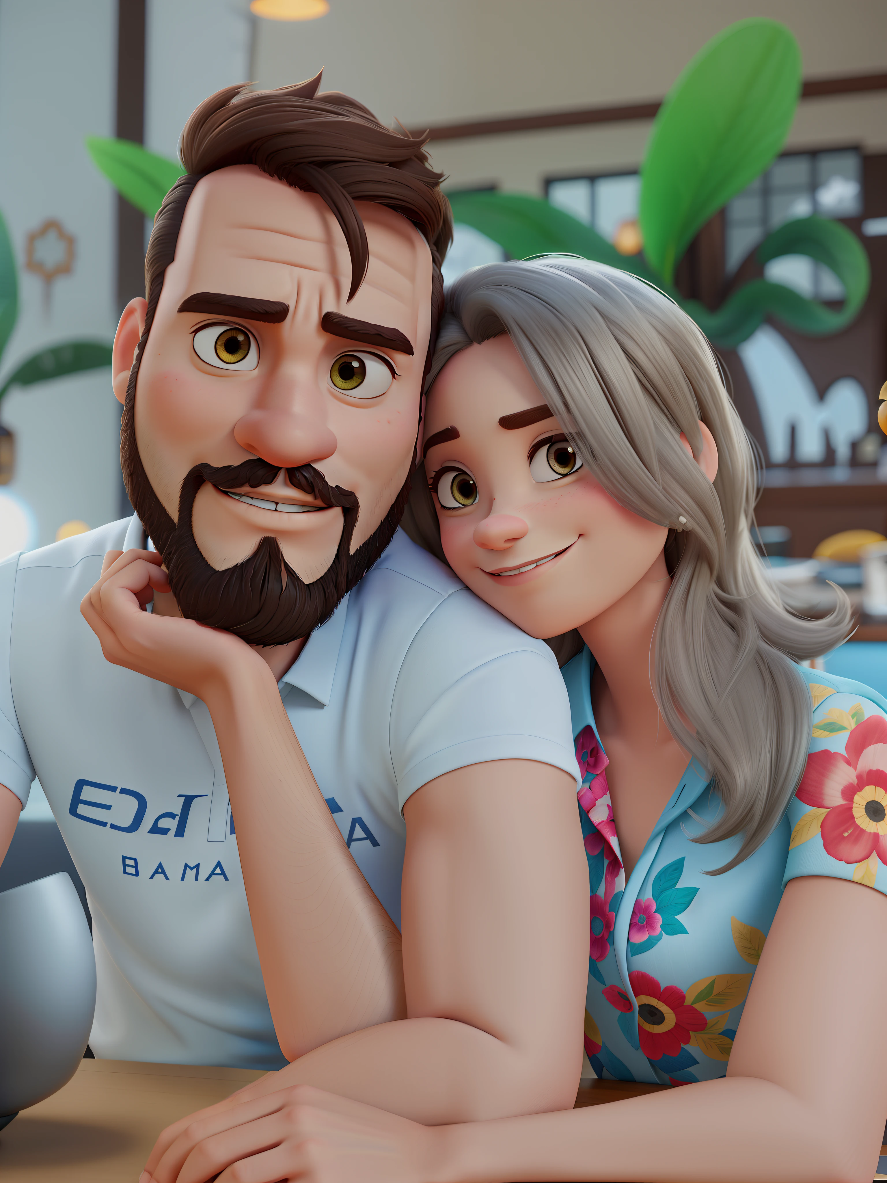 Um casal ao estilo da Pixar, alta qualidade, best quality, e homem de olhos castanhos com barba fechada, mulher baixa e com cabelos com mechas loiras, em um restaurante de luxo