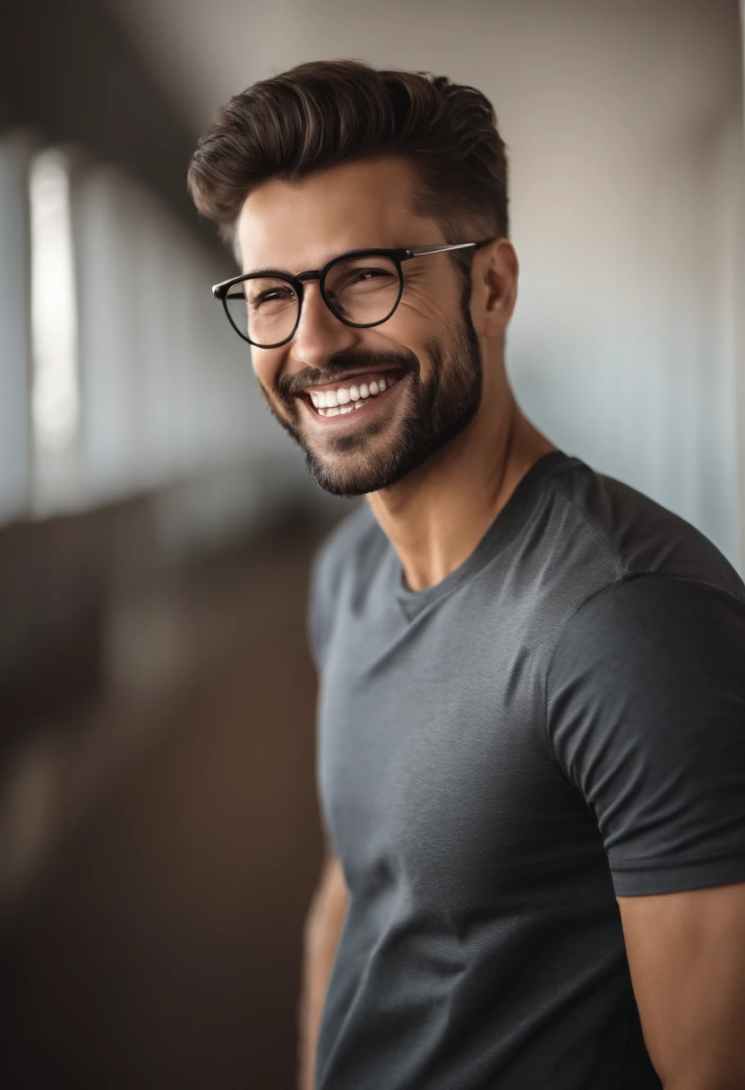 homem com cabelos curtos e escuros, Wearing rectangular glasses with black frames. He's smiling showing off his white teeth. The man's face is oval, And your eyes are dark brown. The person is wearing a black t-shirt with a cross symbol in gold, que se destaca no centro do seu peito. The man's posture and cheerful expression create a positive and confident image, tem uma barba curta e bem cuidada, that extends to the bottom of the chin.