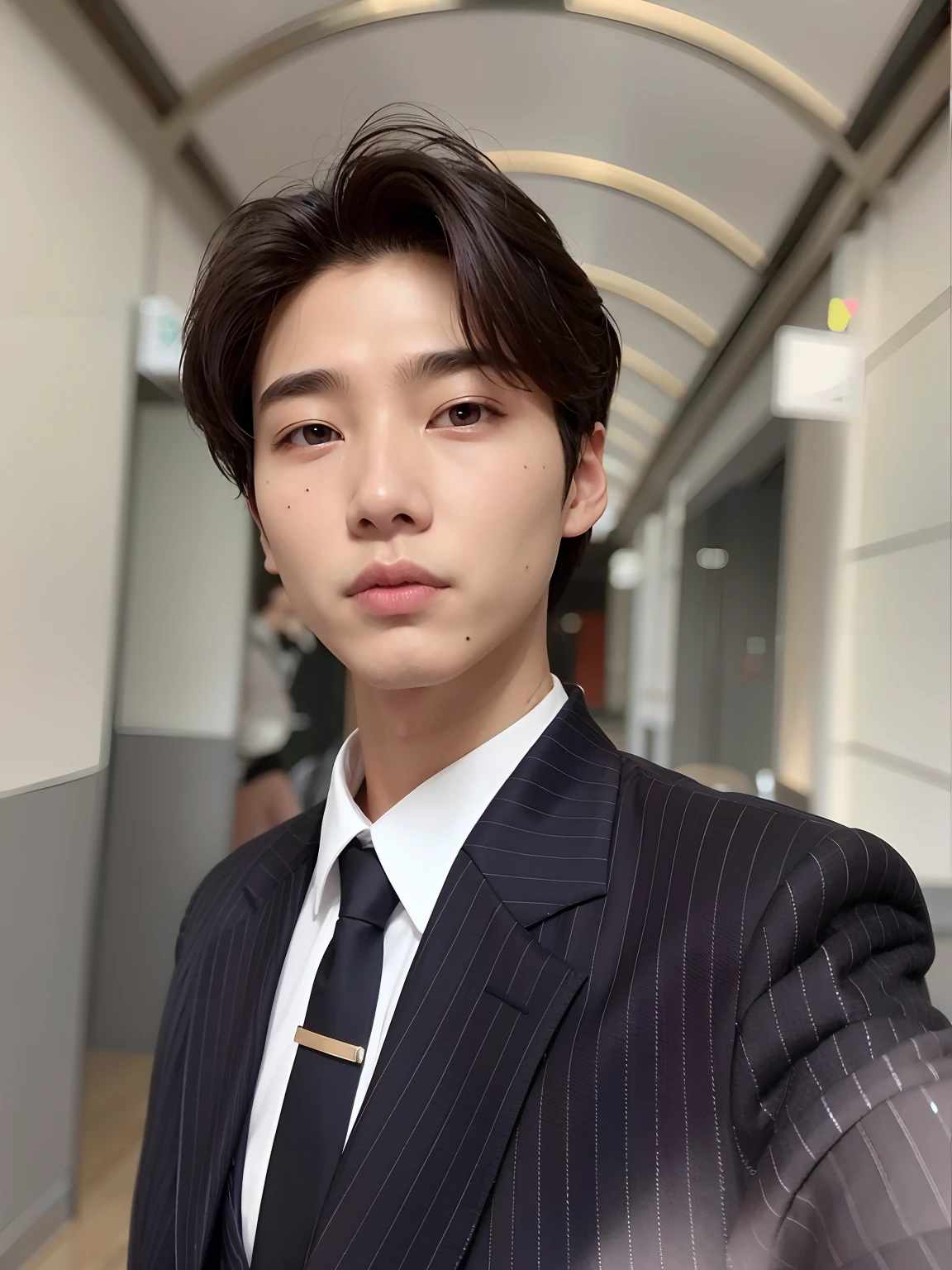 there is a man in a suit and tie standing in a hallway, Kim Doyoung, Cai Xukun, TaeJune Kim, Jinyoung Canela, Hyung Tae, Jaeyeon Nam, delicate androgynous prince, Jung Jaehyun, Yanjun Chengt, Hong June Hyung, foto de perfil headshot, Shin Jeongho, Beautiful androgynous prince, Seseon Yoon