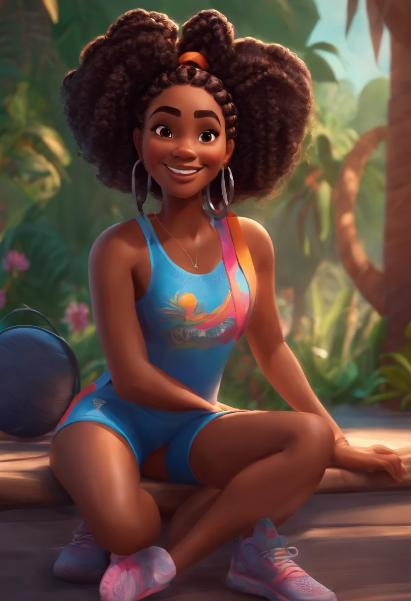 Desenho em estilo 3D estilo disney pixar(a happy black girl with braided hair, in gym clothes