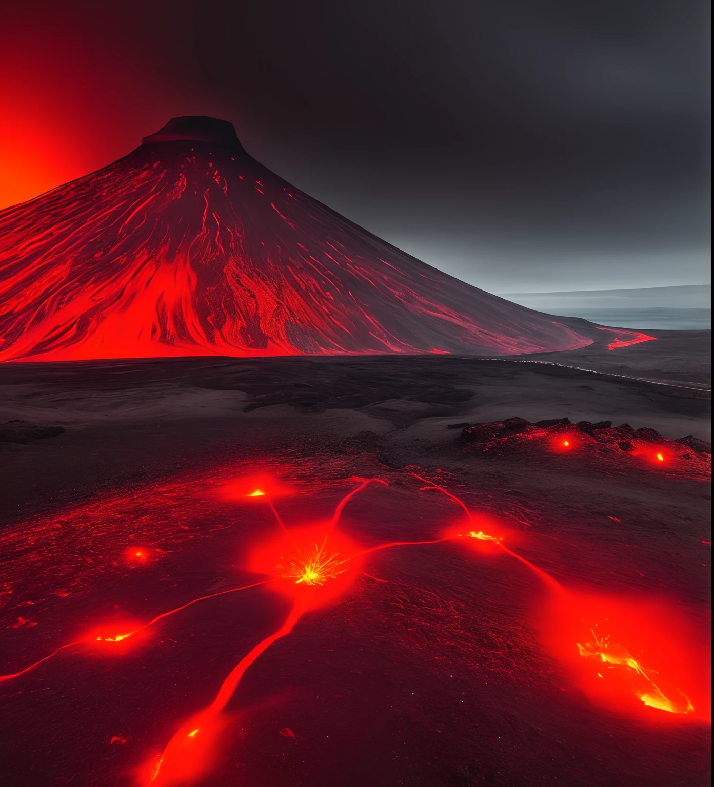 There is a hill with a red light in the middle, Beautiful dark landscape, sci-fi of iceland landscape, Volcanic fog, volcano landscape, Beautiful dark eerie scenery, iceland photography, iceland, dark volcano background, iceland landscape, iceland landscape photography, Awe-inspiring and moody, volcano landscape, stunning moody cinematography, Dark landscape