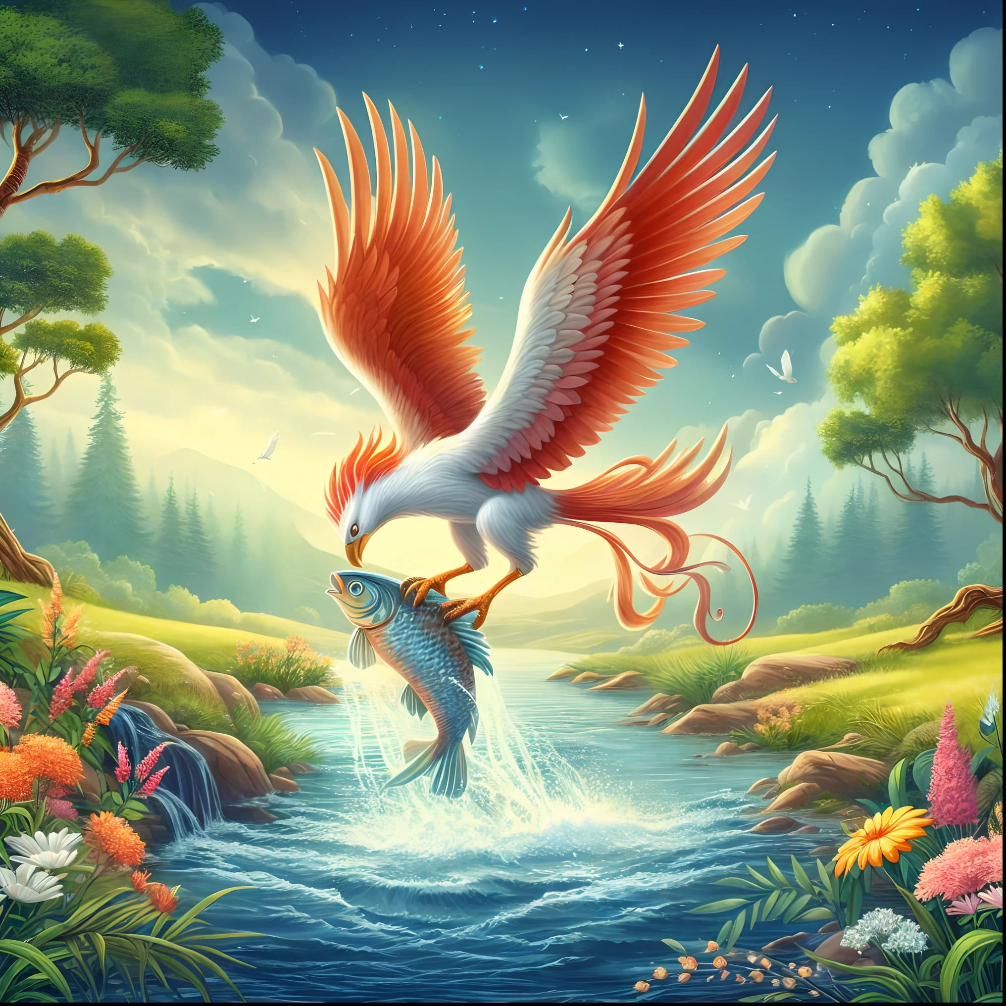 a painting of a bird flying over a river with a fish, birds f cgsociety, a beautiful artwork illustration, detailed fantasy digital art, beautiful digital artwork, mythical creature, fantasy art behance, very beautiful digital art, beautiful digital art, ''wallpaper of a phoenix, colorfull digital fantasy art, breathtaking fantasy art, detailed fantasy illustration