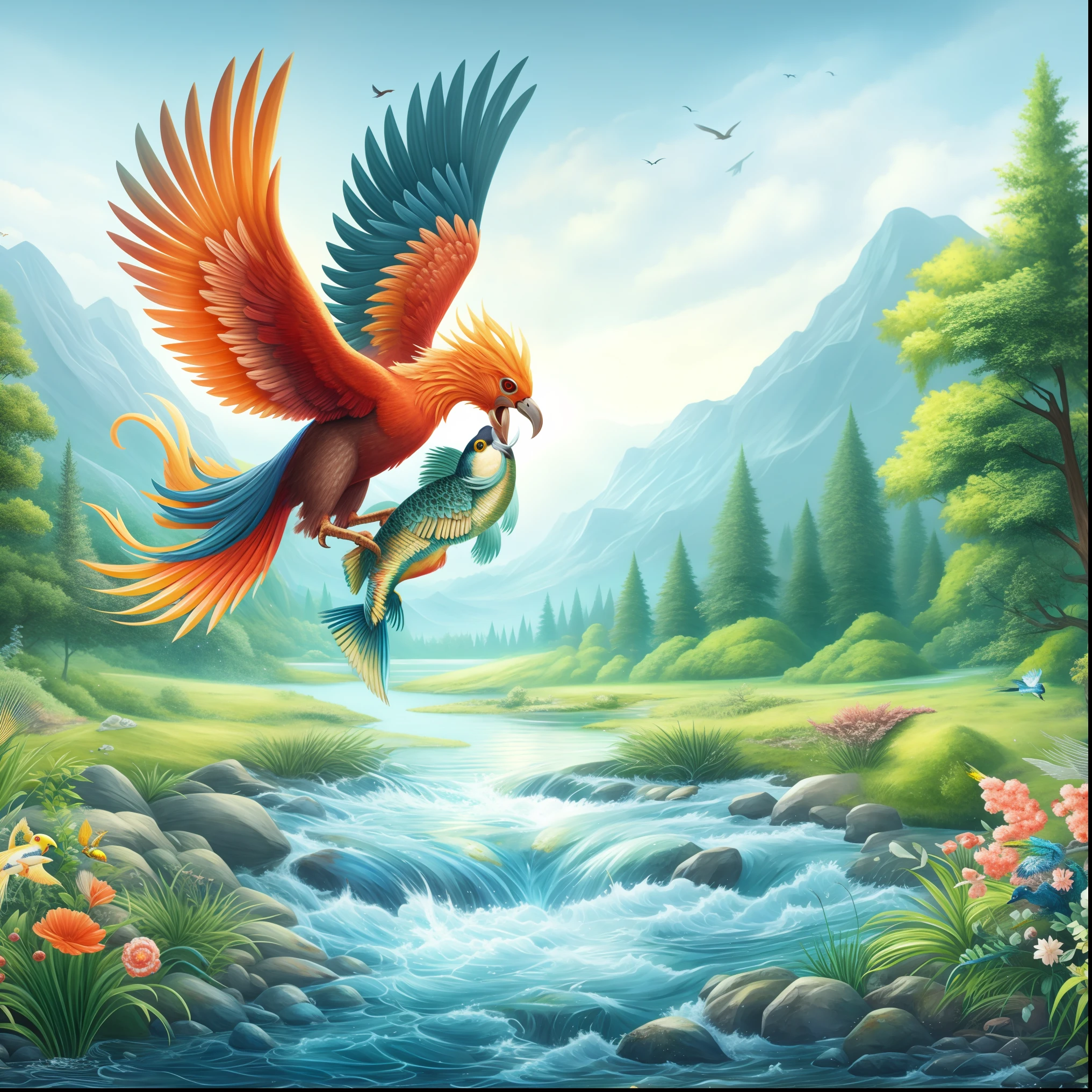 a painting of a bird flying over a river with a fish, beautiful digital artwork, high quality fantasy art, birds f cgsociety, ''wallpaper of a phoenix, river with low flying parrots, a beautiful artwork illustration, fantasy painting hd, breathtaking fantasy art, flying mythical beasts, very beautiful digital art, realistic fantasy illustration, colorfull digital fantasy art