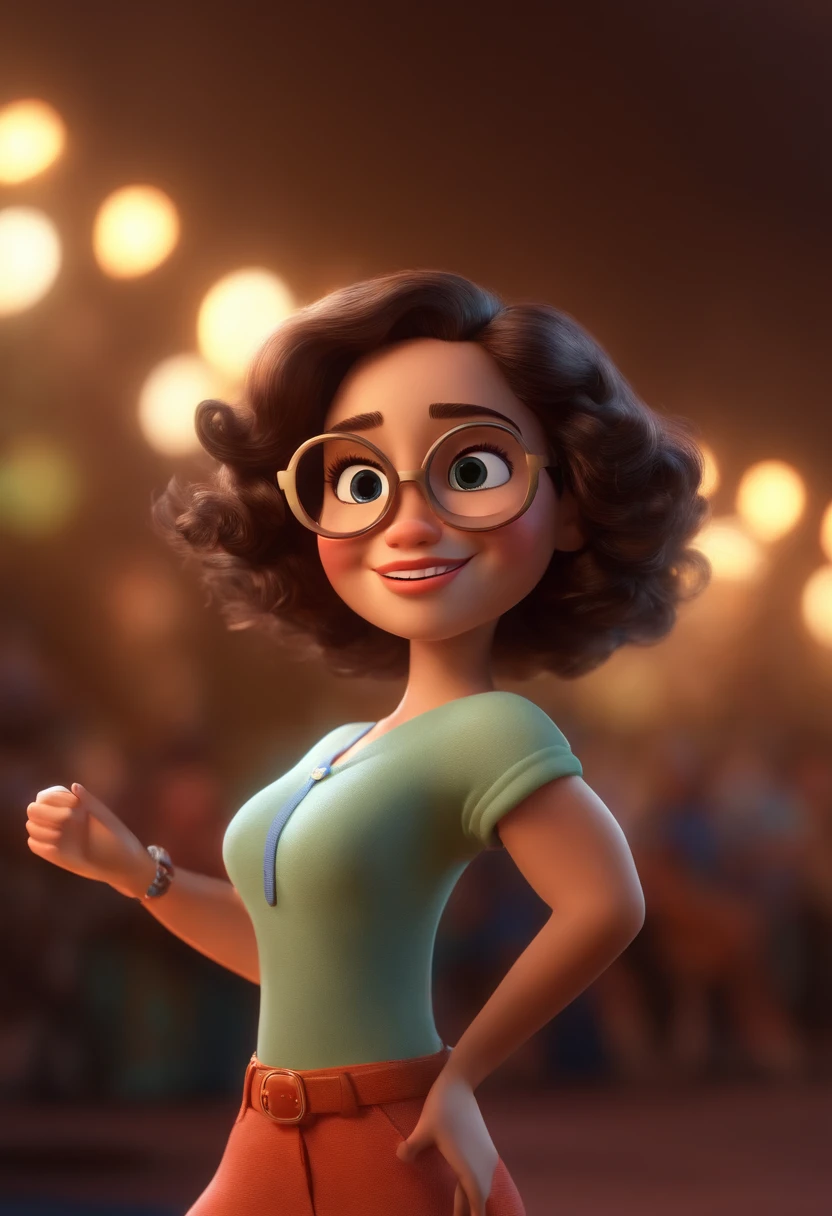 Pixar style image with white glasses 3D character brunette woman short curly hair dancing, Maquillaje de Disney,Pescador, Bonito, sonriente ,primer plano, Pixar, Disney, cinema lighting,