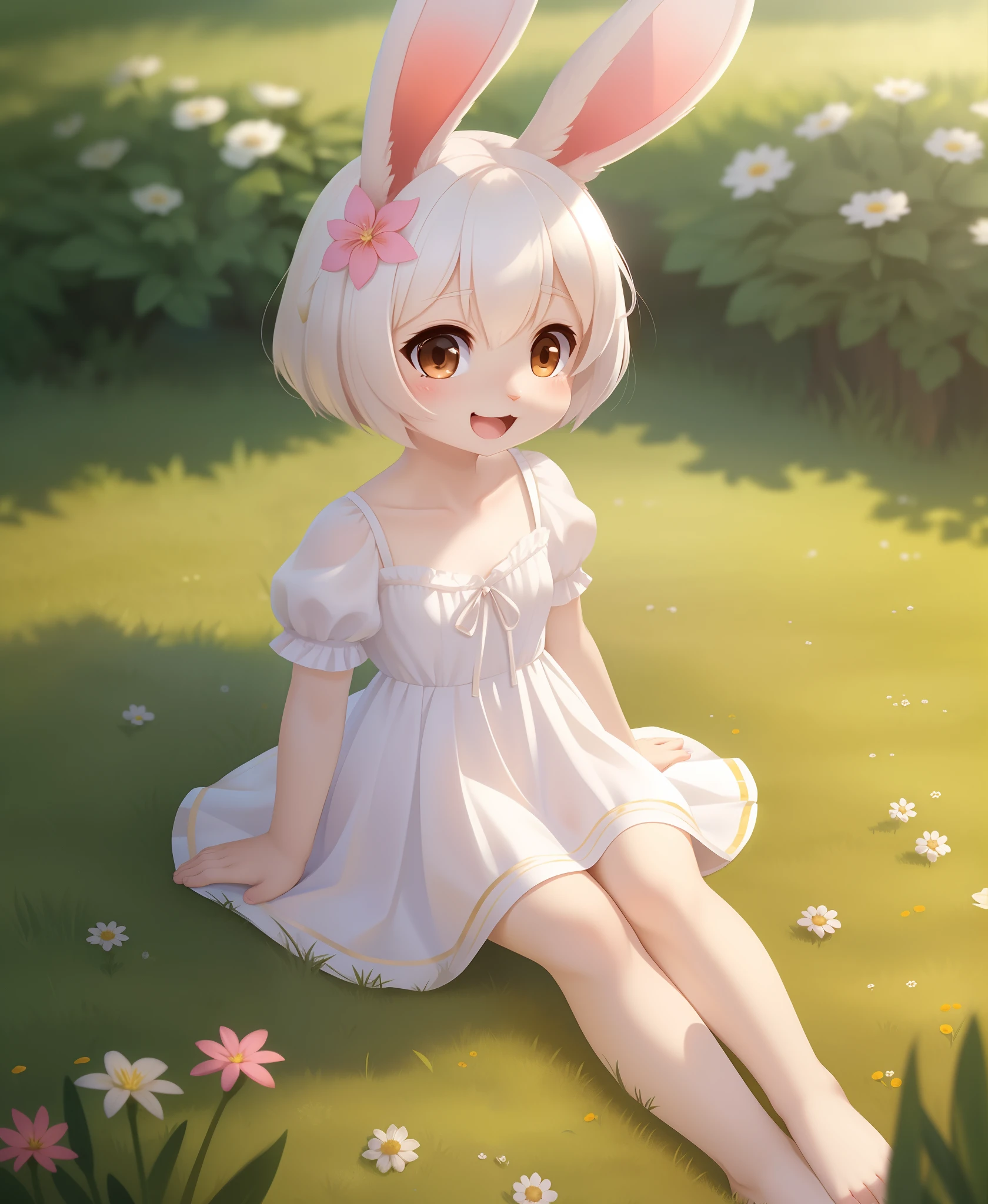 (masterpiece,best quality), 1girl,petite,flat chest, solo, solo focus, (animal ears, rabbit ears), barefoot, knees up, dress, sitting, short sleeves, looking at viewer, grass, short hair, smile, white hair, puffy sleeves, outdoors, puffy short sleeves, bangs, on ground, full body, animal, sunlight, brown eyes, dappled sunlight, day, depth of field, open mouth, (flower, hair flower), w, wariza, white dress,