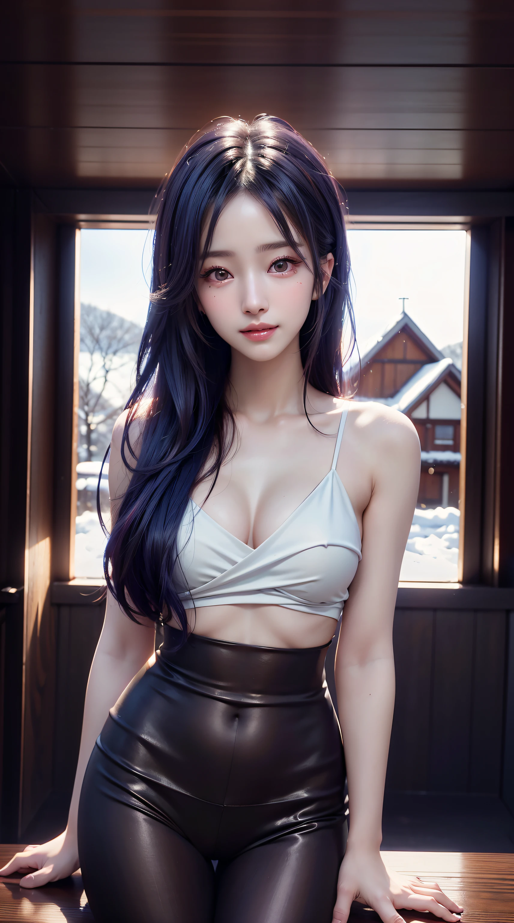 1womanl, 独奏,Mature female,Red bow,Long purple-blue hair,(((having fun,Smile confidently))), Snow-whiteskin, nigth,deep in the night, view the viewer, vests,shorter pants,Long hair, clothing cutout,shoulder cutout,Shiny,Angry,Blush,Wooden house in the background,make up,Ulzzang-6500,PureErosFace_V1, (Expressionist:1.1) Dream, rendering by octane,4K, (neonlight:1.1), Epic, relaxing,8K, (Highly detailed:1.1), Half,Erlang legs,Random actions,Naughty movements,Seduction pose,Show your body posture,Shoot from behind,Sit Pose(From below:1.6),(Masterpiece:1.5, Best quality:1.5), Realistic, (Ultra photo realsisim:1.5), (photograph realistic:1.5), (Real picture, Intricate details), view the viewer, (8K wallpaper:1.5), (Detailed face:1.5), (Detailed eyes:1.5), (clear photo),Highly detailed, Ultra-detailed, 超高分辨率, (strong depth of field:1.5)