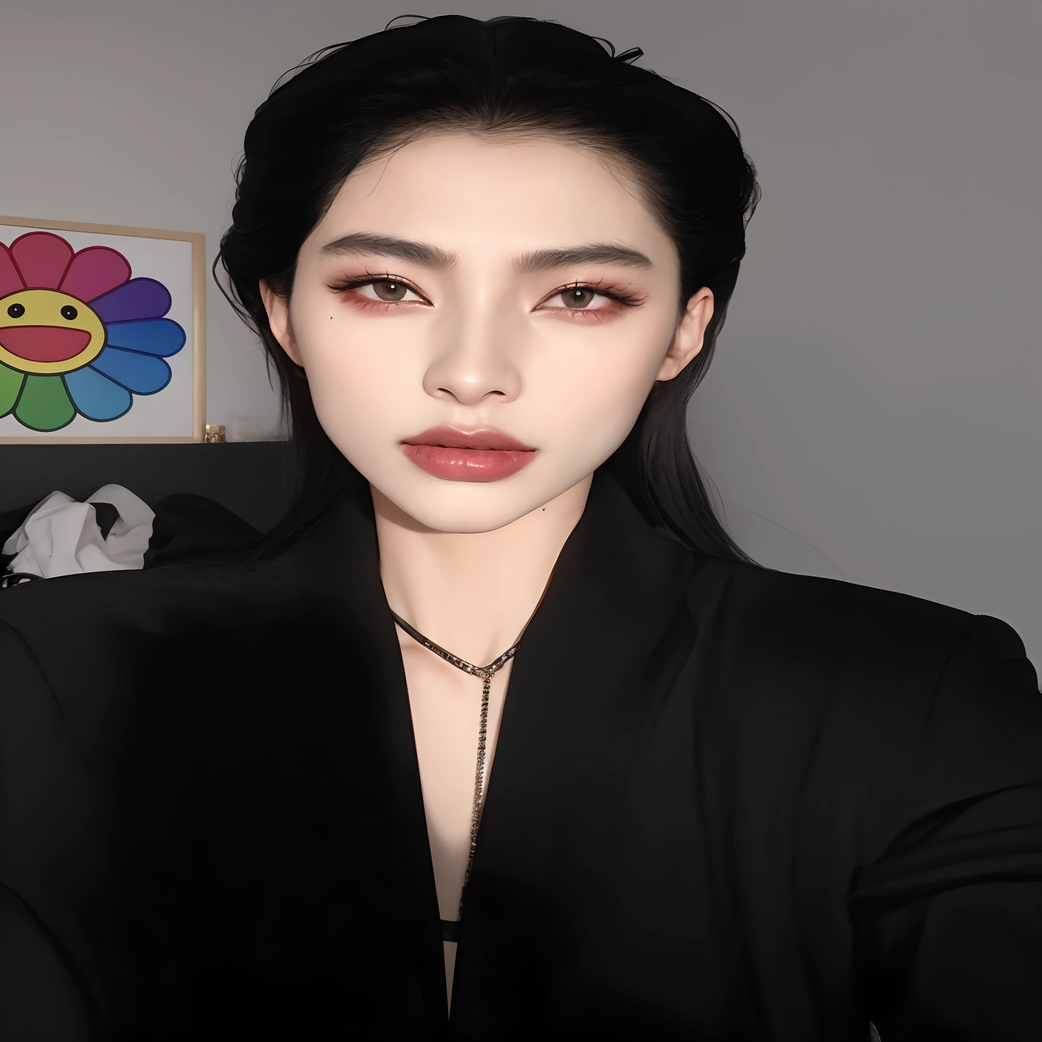 Mulher com cabelo preto e jaqueta preta posando para foto, Cai Xukun, inspirado em Yanjun Cheng, cruel korean goth girl, rosto sexy com maquiagem completa, Yanjun Chengt, Xision Wu, Ulzzang, Sakimichan, korean symmetrical face, Fotografia selfie 8k, Xintong Chen, Rosto com ArtGram