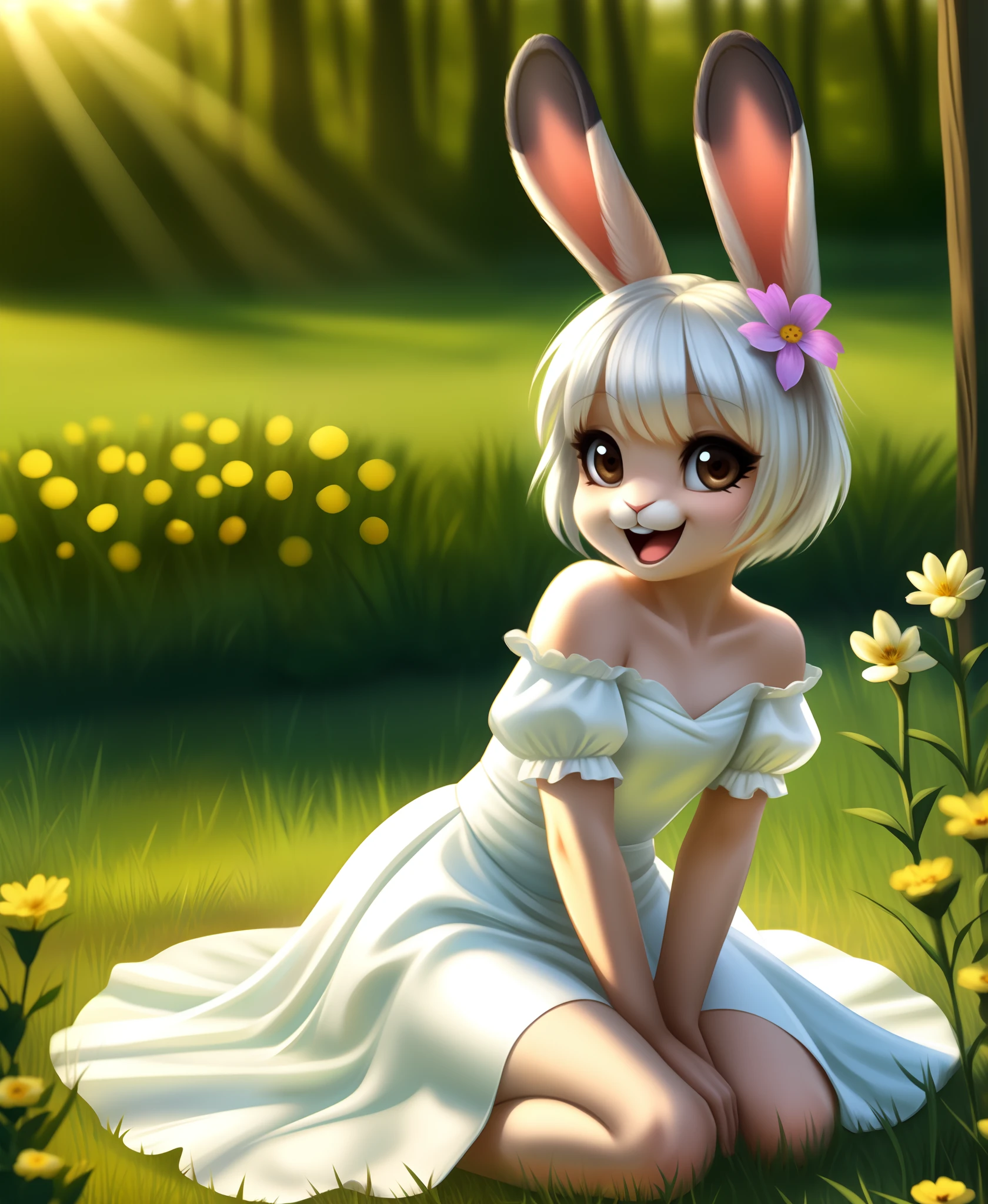 (masterpiece,best quality), 1girl,petite,flat chest, solo, solo focus, (animal ears, rabbit ears), barefoot, knees up, dress, sitting, short sleeves, looking at viewer, grass, short hair, smile, white hair, puffy sleeves, outdoors, puffy short sleeves, bangs, on ground, full body, animal, sunlight, brown eyes, dappled sunlight, day, depth of field, open mouth, (flower, hair flower), w, wariza, white dress,