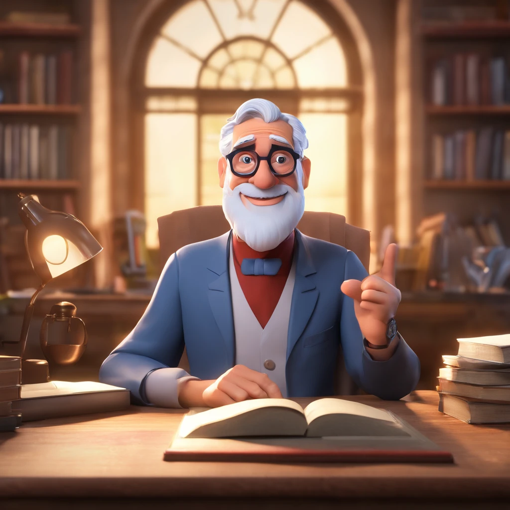 Crie um cartaz inspirado na Disney Pixar com o personagem sendo o pastor Rubens Janier, A gray-haired man wearing glasses, in an office with a Bible on the table
