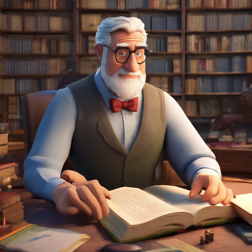 Crie um cartaz inspirado na Disney Pixar com o personagem sendo o pastor Rubens Janier, A gray-haired man wearing glasses, in an office with a Bible on the table