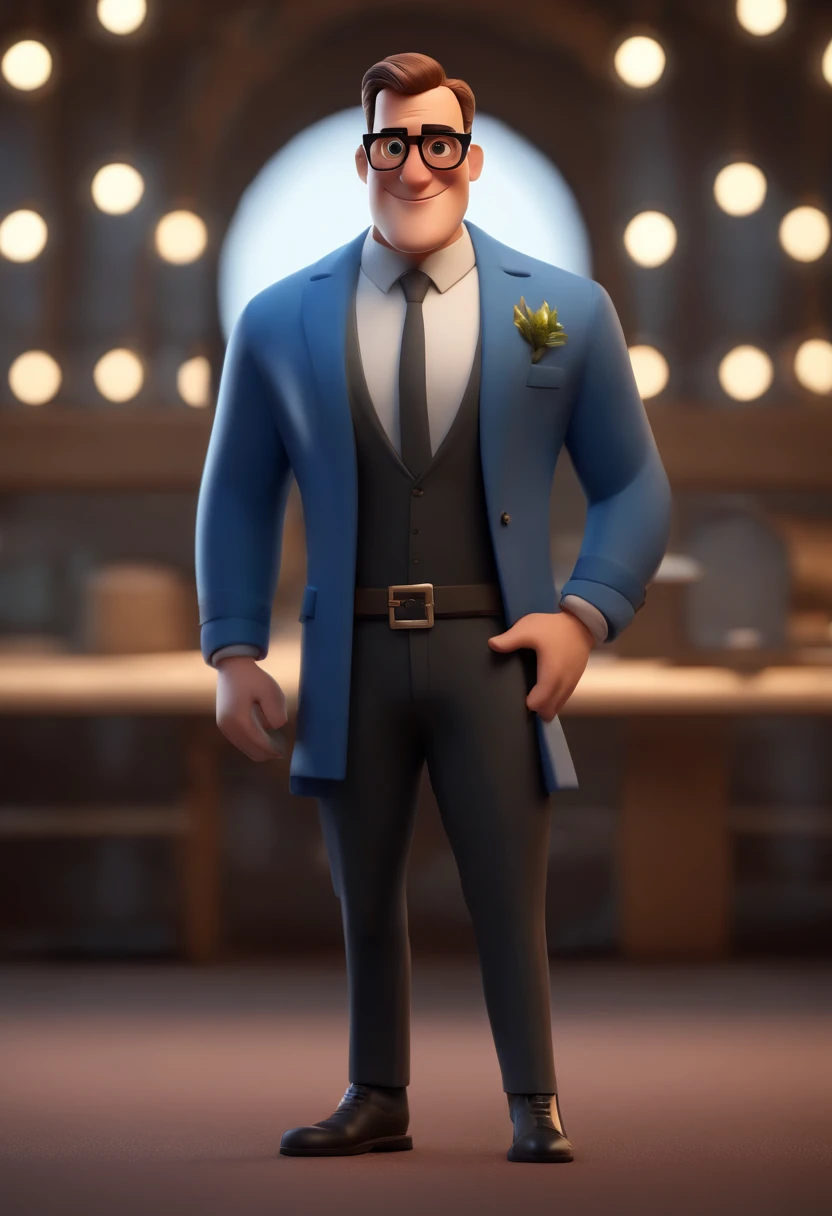 Cartoon character of a man wearing black glasses and a blue shirt, um personagem animado, Caractere estilizado, animation style rendering, 3D estilizado, Arnold Maya render, 3 d render stylized, toon render keyshot, Personagem 3D, Personagem 3D, 3d rendering stylized, 3 d character render, personagem de desenho animado, Personagem de close up, Pose de personagem, (Estilo Pixar) (master part:1.2) (Bokeh) (best quality) (pele detalhada) (textura detalhada) (8k) (argila) (Cinematic lighting) (foco nítido,Senta e vaza a parte superior do corpo