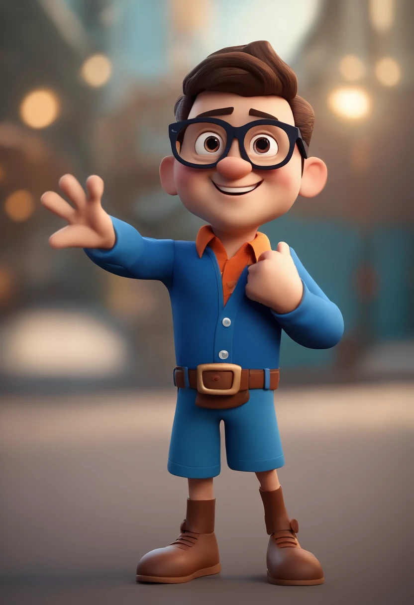 Cartoon character of a man wearing black glasses and a blue shirt, um personagem animado, Caractere estilizado, animation style rendering, 3D estilizado, Arnold Maya render, 3 d render stylized, toon render keyshot, Personagem 3D, Personagem 3D, 3d rendering stylized, 3 d character render, personagem de desenho animado, Personagem de close up, Pose de personagem, (Estilo Pixar) (master part:1.2) (Bokeh) (best quality) (pele detalhada) (textura detalhada) (8k) (argila) (Cinematic lighting) (foco nítido,Senta e vaza a parte superior do corpo