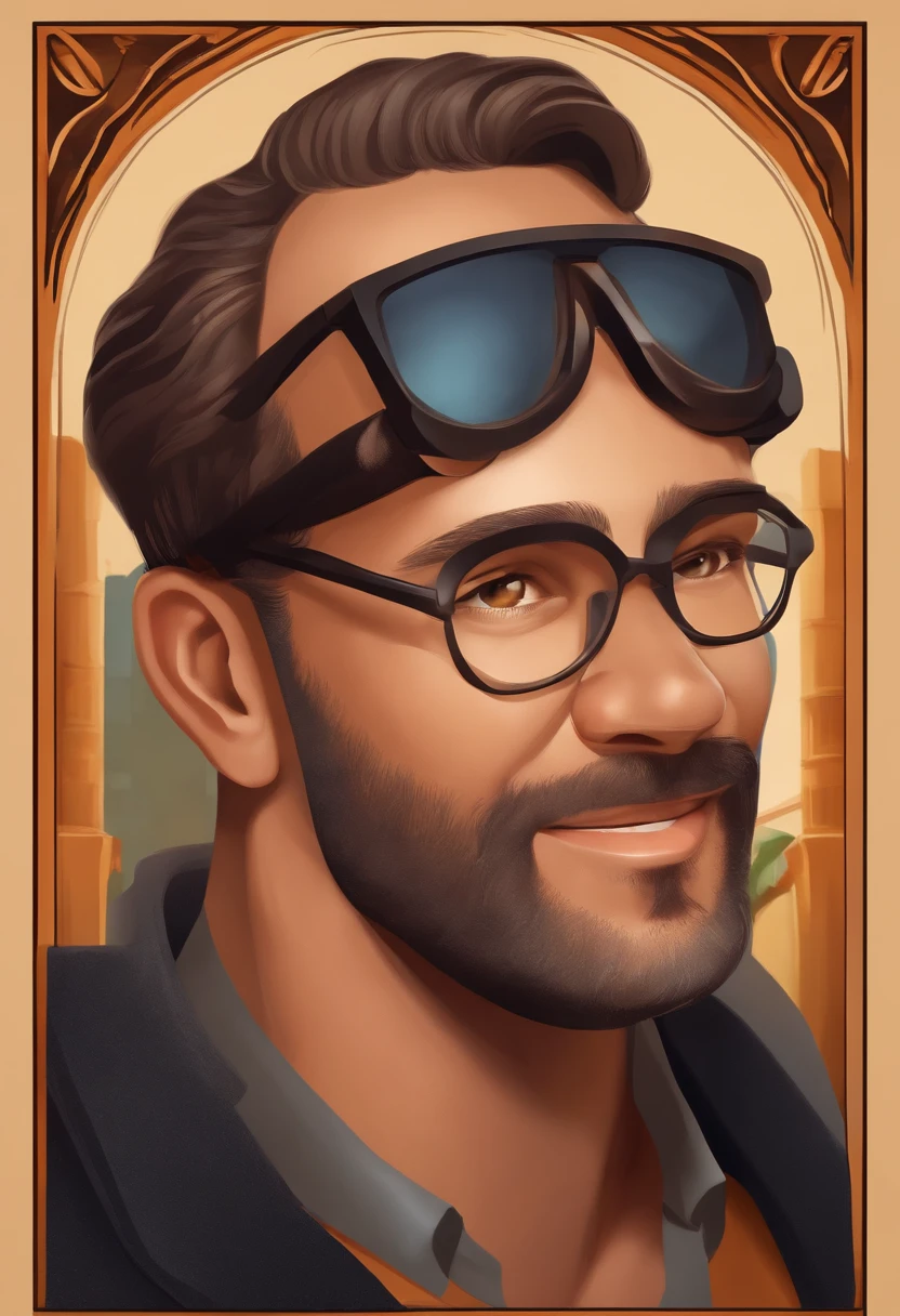 um homem com cabelos curtos e escuros, Wearing rectangular glasses with black frames. He's smiling at the camera, exibindo seus dentes brancos. The man's face is oval, And your eyes are dark brown. The person is wearing a black t-shirt with a cross symbol in gold, que se destaca no centro do seu peito. The man's posture and cheerful expression create a positive and confident image. tem uma barba curta e bem cuidada, that extends to the bottom of the chin. generate this Pixar 3D animation-style image.