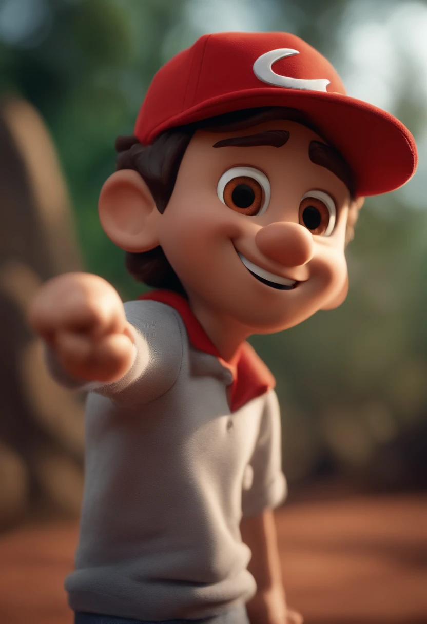 Garoto, estilo disney, tom de pele: claro:  Cabelo: preto , curto, bonnet: Red Facing Back. camisa: Cor roxa. Fundo: Gray and white gradient,Comemorando, Hands raised, sorrindo, feliz, (estilo pixar) (obra-prima:1.2) (bokeh) (melhor qualidade) (pele detalhada) (textura detalhada) (8k) (claymation) (cinematic lighthing) (foco nítido).