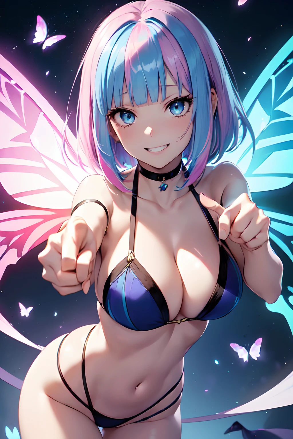 Illustration of a cute bikini model girl, (Anime style:1.2), masutepiece, Best Quality, ultra-detailliert, 4K, absurderes, hight resolution,(((masutepiece, Best Quality)))((masutepiece:1.5)), (Best High Quality, 超A high resolution, The ultra -The high-definition, 4K:1.3),(((Perfect hands, Perfect fingers, Perfect legs))),1womanl, Looking at Viewer ,Full body shot, 20 years old, ((Light blue eyes)),((Round eyes)), Sweat, White skin, (((skinny))), Sweat,((Shiny body, Shiny skin,)), (((masutepiece, Best Quality)))((masutepiece:1.5)), (Best High Quality, 超A high resolution, The ultra -The high-definition, 4K:1.3), (((Blunt bangs:1.3))), (((Pink bob hair))), (((blue colored inner hair:1.3))),(((blue streaked hair:1.3))), ((Blue eyes)), ((White skin)),((((Shiny body, Shiny skin,)))), Dynamic Pose , fairy tail, (( Blue glowing eyes)), butterfly hair ornament, BREAK ,((Midnight)), panoramic shot , glowing butterflies, ((cleavage)), Bare shoulders,(Black Micro Bikini), The stomach is visible,fullmoon, City lights, Moonlight, ((Butterfly wings)), ((fly, Flying:1.2)), Open mouth and laugh out loud, Lots of glowing butterflies, flying butterflies, Perfect legs,((intricate designs)) BREAK, (a closeup),Low position,((Show your teeth and smile:1.2)),(((Finger pointing:1.3)))