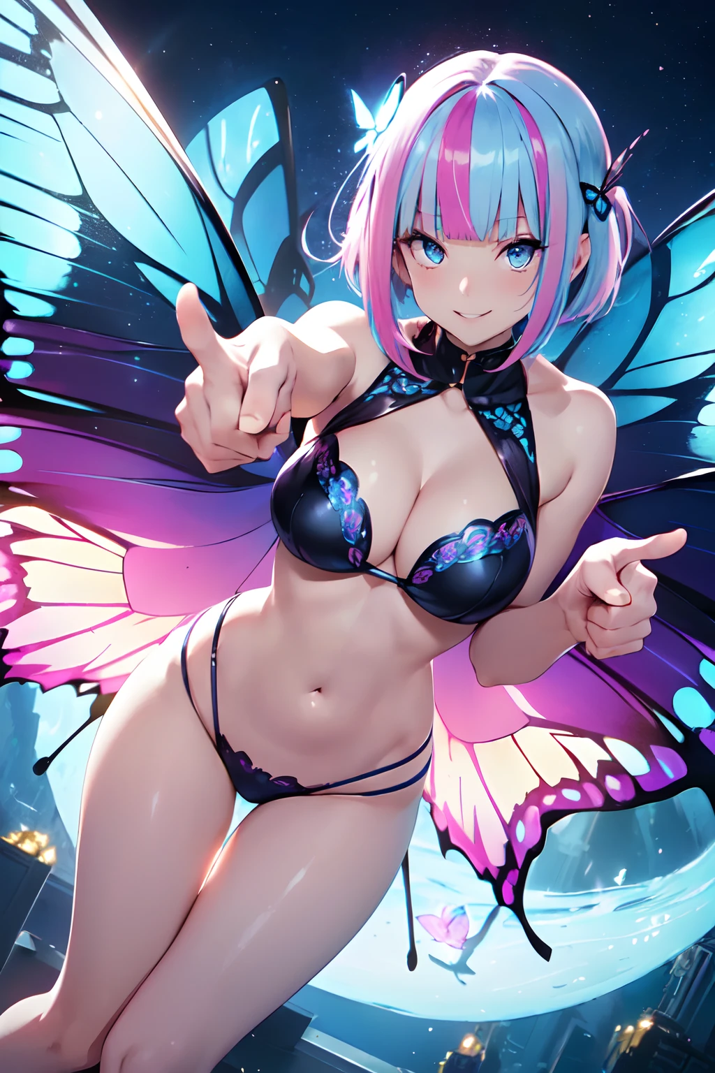 Illustration of a cute bikini model girl, (Anime style:1.2), masutepiece, Best Quality, ultra-detailliert, 4K, absurderes, hight resolution,(((masutepiece, Best Quality)))((masutepiece:1.5)), (Best High Quality, 超A high resolution, The ultra -The high-definition, 4K:1.3),(((Perfect hands, Perfect fingers, Perfect legs))),1womanl, Looking at Viewer ,Full body shot, 20 years old, ((Light blue eyes)),((Round eyes)), Sweat, White skin, (((skinny))), Sweat,((Shiny body, Shiny skin,)), (((masutepiece, Best Quality)))((masutepiece:1.5)), (Best High Quality, 超A high resolution, The ultra -The high-definition, 4K:1.3), (((Blunt bangs:1.3))), (((Pink bob hair))), (((blue colored inner hair:1.3))),(((blue streaked hair:1.3))), ((Blue eyes)), ((White skin)),((((Shiny body, Shiny skin,)))), Dynamic Pose , fairy tail, (( Blue glowing eyes)), butterfly hair ornament, BREAK ,((Midnight)), panoramic shot , glowing butterflies, ((cleavage)), Bare shoulders,(Black Micro Bikini), The stomach is visible,fullmoon, City lights, Moonlight, ((Butterfly wings)), ((fly, Flying:1.2)), Open mouth and laugh out loud, Lots of glowing butterflies, flying butterflies, Perfect legs,((intricate designs)) BREAK, (a closeup),Low position,((Show your teeth and smile:1.2)),(((Finger pointing:1.3)))