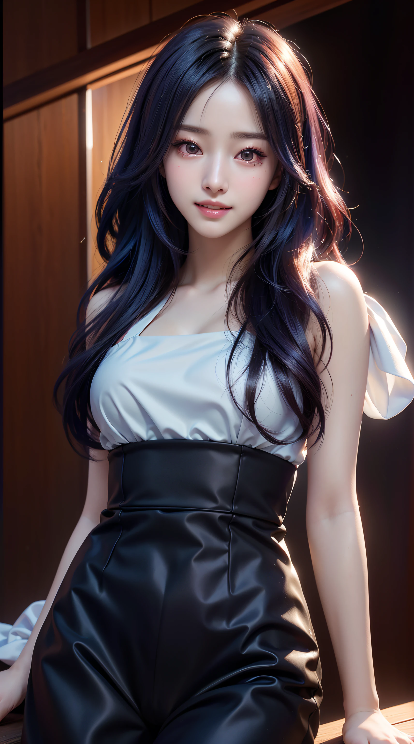 1womanl, 独奏,Mature female，Red bow,Long purple-blue hair，(((having fun,Smile confidently))), Snow-whiteskin, nigth,deep in the night, view the viewer, vests，shorter pants，Long hair, clothing cutout，shoulder cutout,Shiny,Angry,Blush,Wooden house in the background,make up,Ulzzang-6500,PureErosFace_V1, (Expressionist:1.1) Dream, rendering by octane,4K, (neonlight:1.1), Epic, relaxing,8K, (Highly detailed:1.1), Half,Erlang legs,Random actions,Naughty movements,Seduction pose,Show your body posture,Shoot from behind,Sit Pose(From below:1.6),(Masterpiece:1.5, Best quality:1.5), Realistic, (Ultra photo realsisim:1.5), (photograph realistic:1.5), (Real picture, Intricate details), view the viewer, (8K wallpaper:1.5), (Detailed face:1.5), (Detailed eyes:1.5), (clear photo),Highly detailed, Ultra-detailed, 超高分辨率, (strong depth of field:1.5)