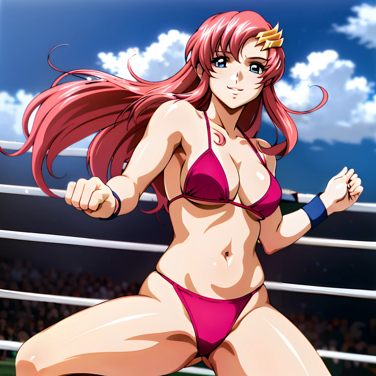 (masterpiece, far view, 4K, Best Quality, Anime style: 1.9,, Adult Woman, ultra detailed face, (cloud background, wrestling), Drawing lines, high resolution, Anime, lacus4), 1girl, Solo, curvy figure, very Long hair, 鎖骨, scapular, (Detailed wide hair bangs, Hair Ornament, Detailed reddish-pink hair, golden crest), , large hands, (female wrestler). (Big blue eyes, shiny eyes), ((female wrestler, little biceps, slender body, broad shoulders, closed fists)), ((perfect proportions, medium breasts,elly)), (((micro bikini, pink wrestling gear, champion))), happy, smile, , (belly dancing, looking at the viewer), , showing off underarm, (elegant lady),